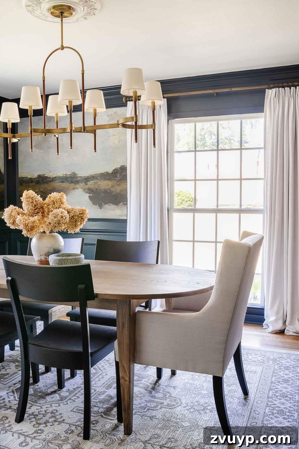 Dining Room's Grand Canvas: Antique Mural Wallpaper 11 navy blue dining room with scenic peel and stick mural wallpaper