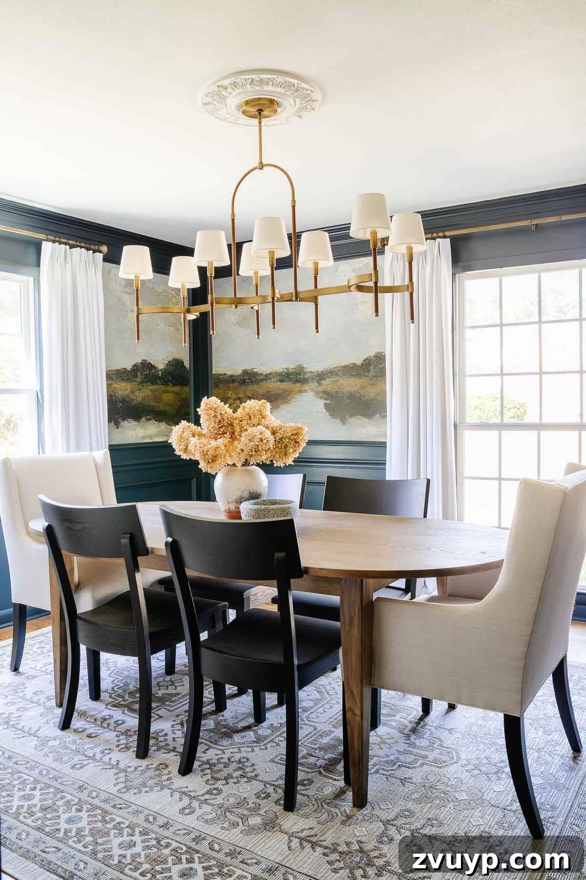 Dining Room's Grand Canvas: Antique Mural Wallpaper 5 navy blue dining room with antique painting peel and stick mural wallpaper