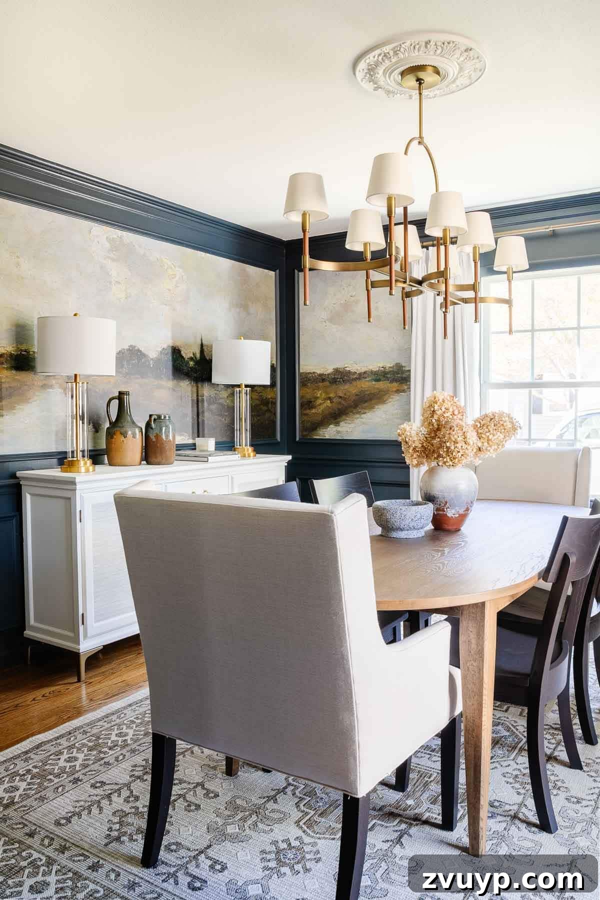 Dining Room's Grand Canvas: Antique Mural Wallpaper 7 modern classic dining room with scenic peel and stick mural wallpaper