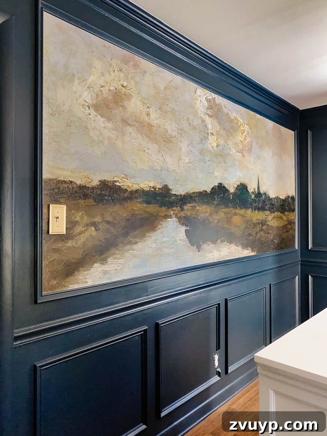 Dining Room's Grand Canvas: Antique Mural Wallpaper 8 scenic antique painting mural wallpaper with picture frame molding and navy blue paint