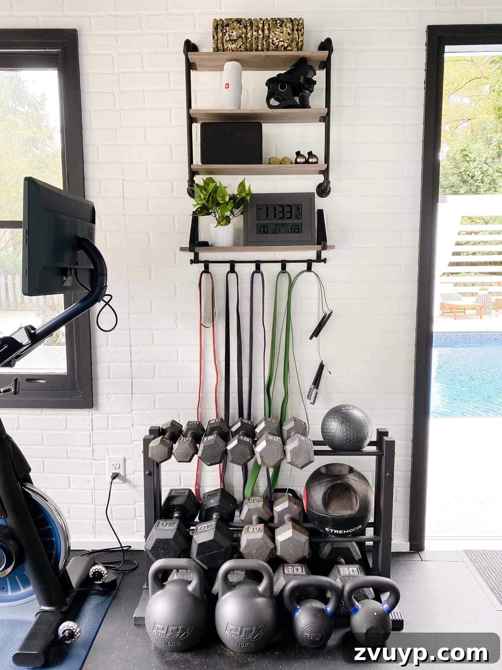 Budget Shed Gym Transform Your Space into a Home Fitness Zone 6 wall shelves for storing home gym equipment like yoga mats and weights