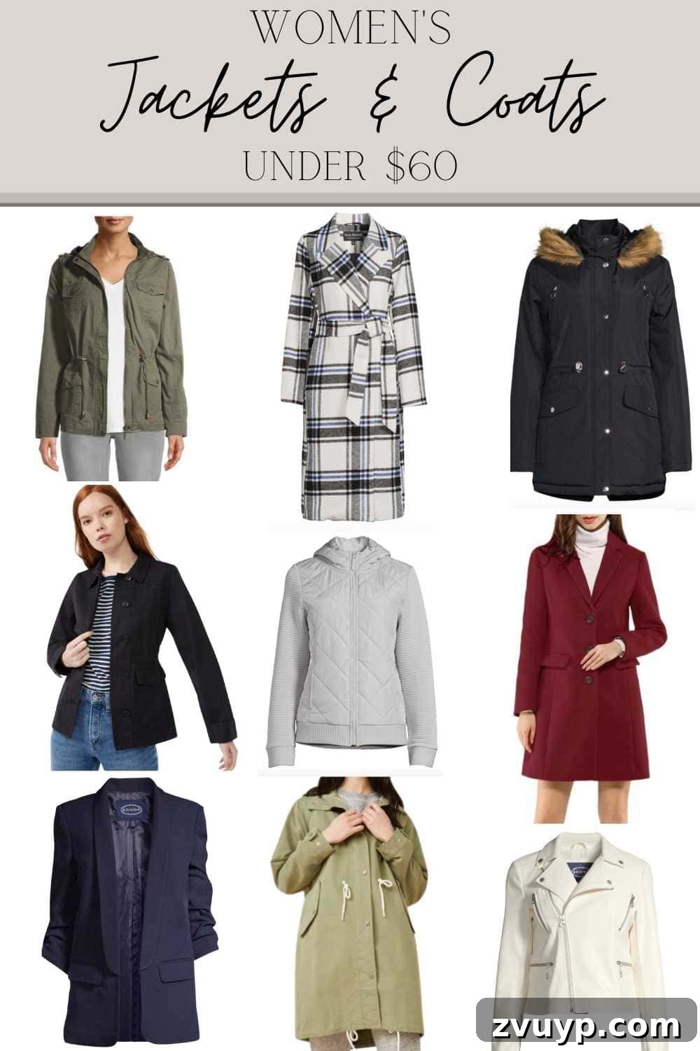 Bundle Up on a Budget: Fall Jackets for Everyone Under $60 3 A collage featuring various stylish fall jackets and coats for women, all priced under $60 at Walmart.