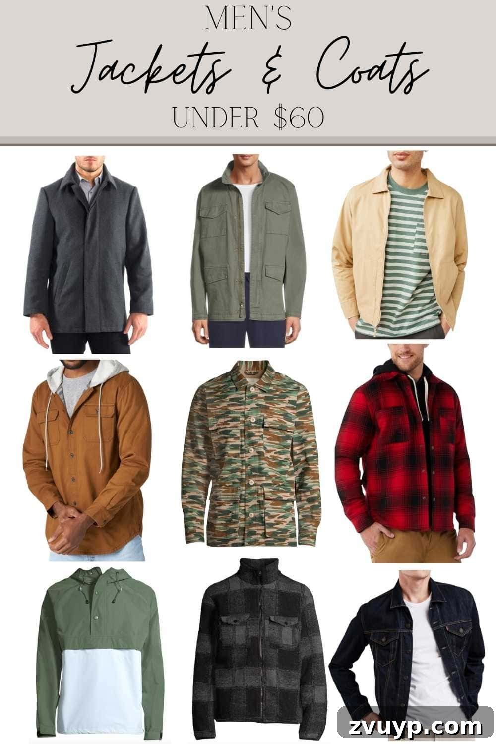 Bundle Up on a Budget: Fall Jackets for Everyone Under $60 4 A collage featuring various stylish fall jackets and coats for men, all priced under $60 at Walmart.