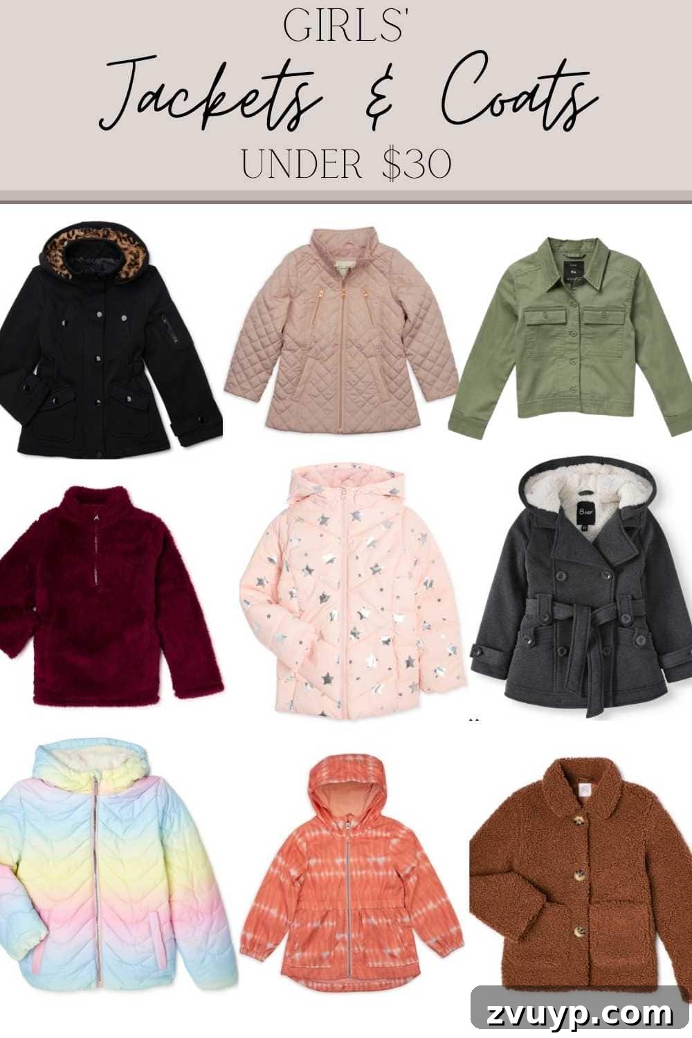 Bundle Up on a Budget: Fall Jackets for Everyone Under $60 5 A collage featuring various stylish fall jackets and coats for girls, all priced under $30 at Walmart.