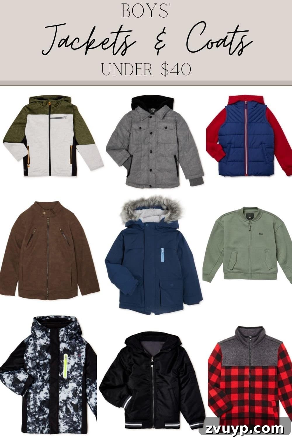 Bundle Up on a Budget: Fall Jackets for Everyone Under $60 6 A collage featuring various stylish fall jackets and coats for boys, all priced under $40 at Walmart.