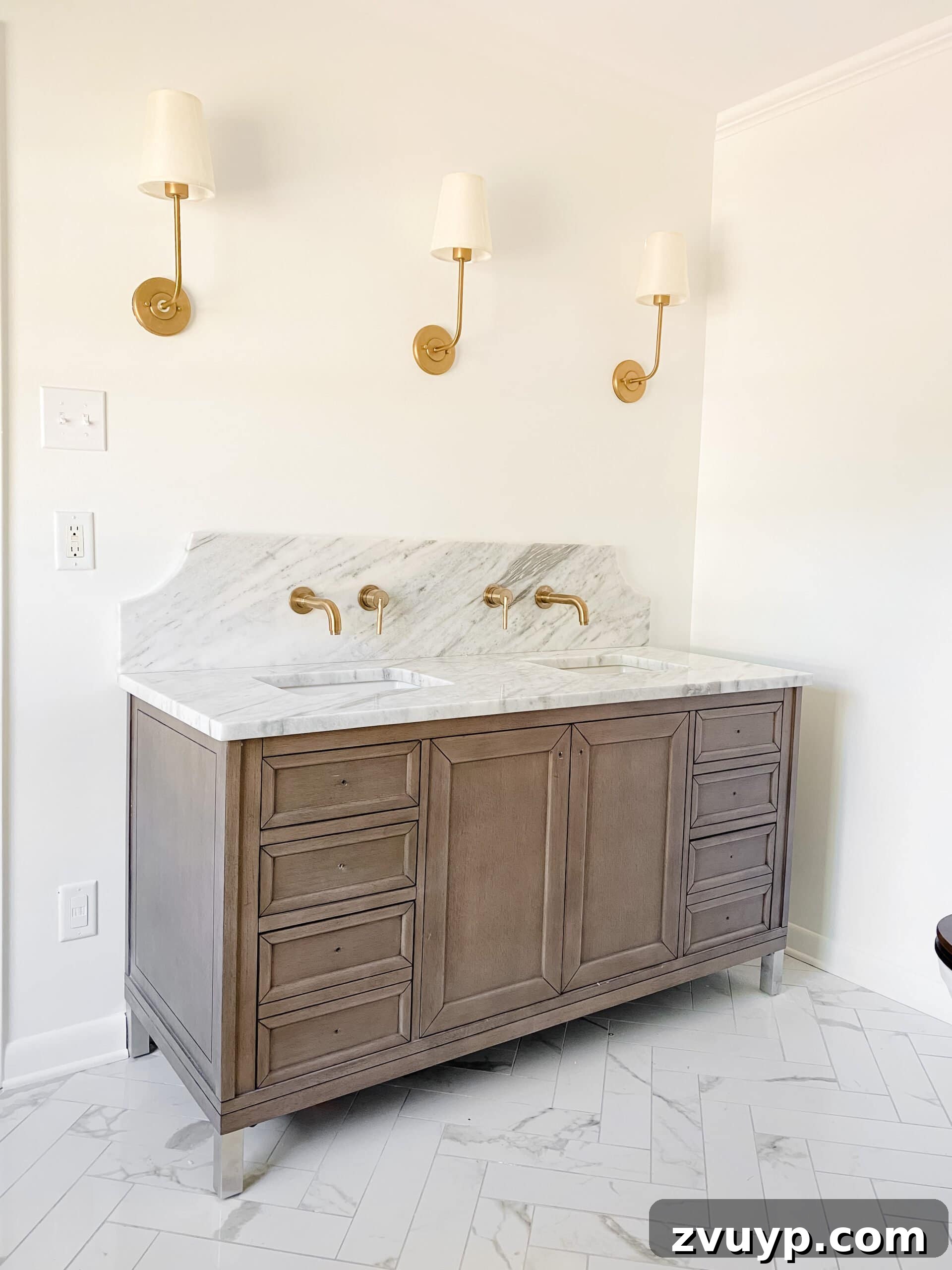Our En Suite Bathroom Remodel: Faucets Are Finally In! 11 wood bathroom vanity with scalloped marble backsplash