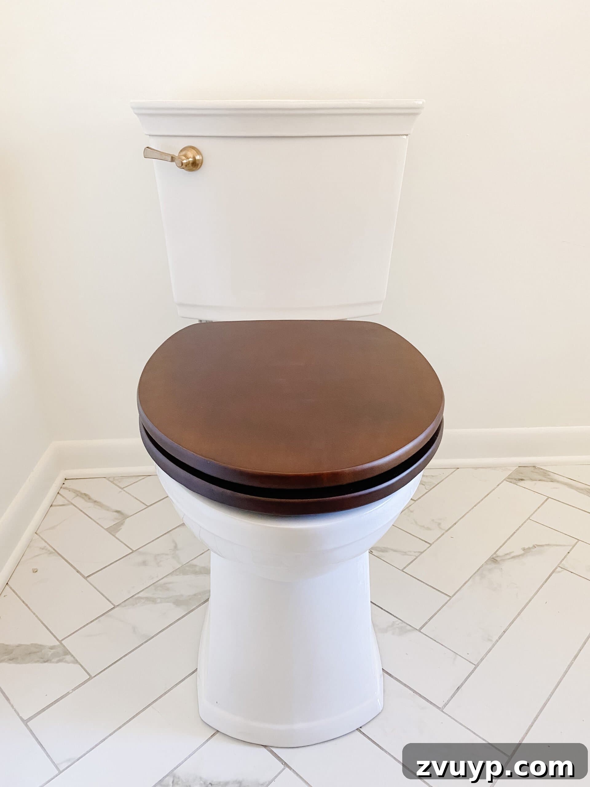 Our En Suite Bathroom Remodel: Faucets Are Finally In! 6 toilet with wooden toilet seat and gold flush lever