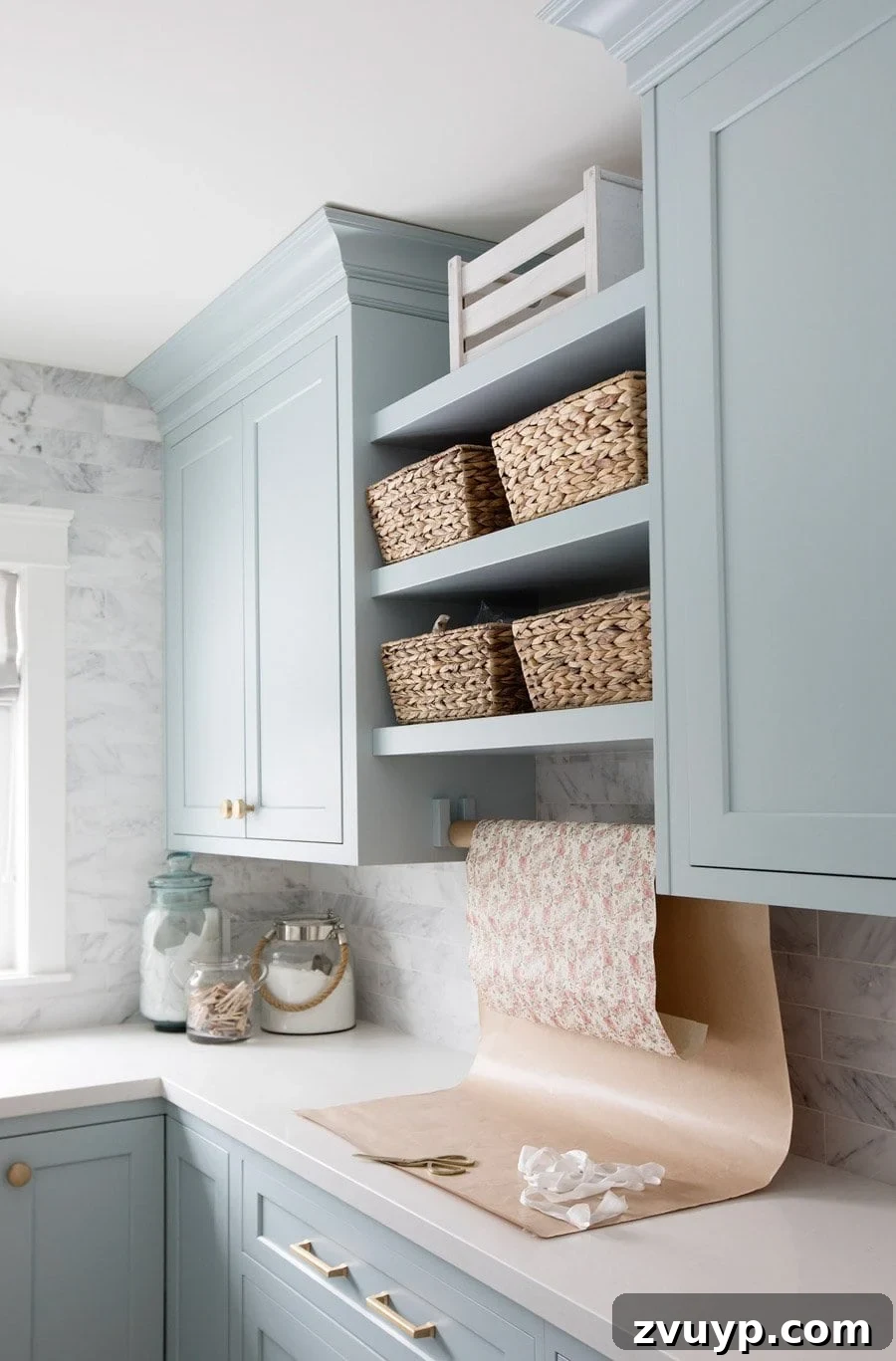 Blue-Grey Hues for a Tranquil Home Oasis 12 Benjamin Moore Smoke - a soft blue grey paint good for cabinets and calming spaces