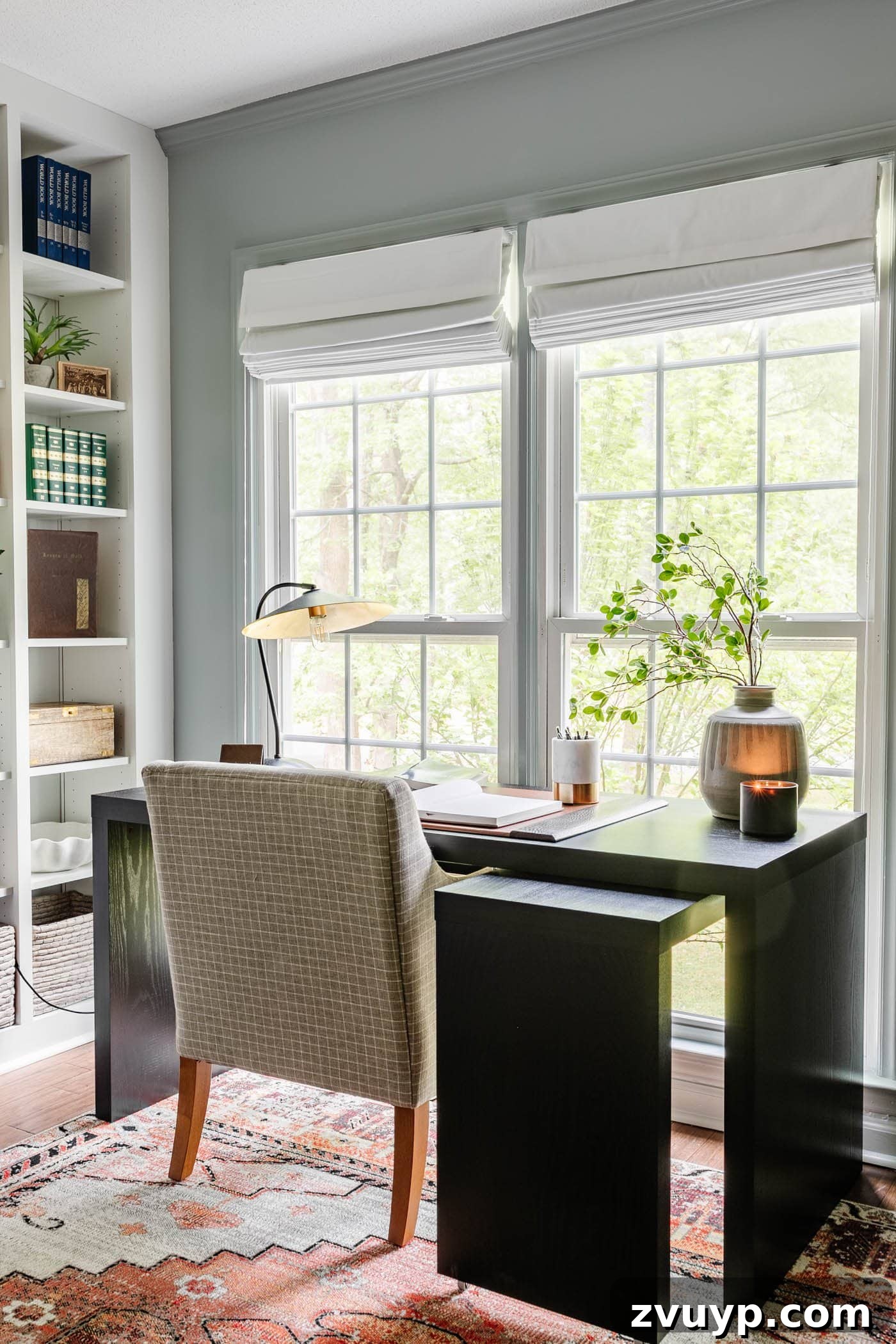 Blue-Grey Hues for a Tranquil Home Oasis 4 Benjamin Moore Boothbay Gray in a home office, a perfect blue grey for productivity