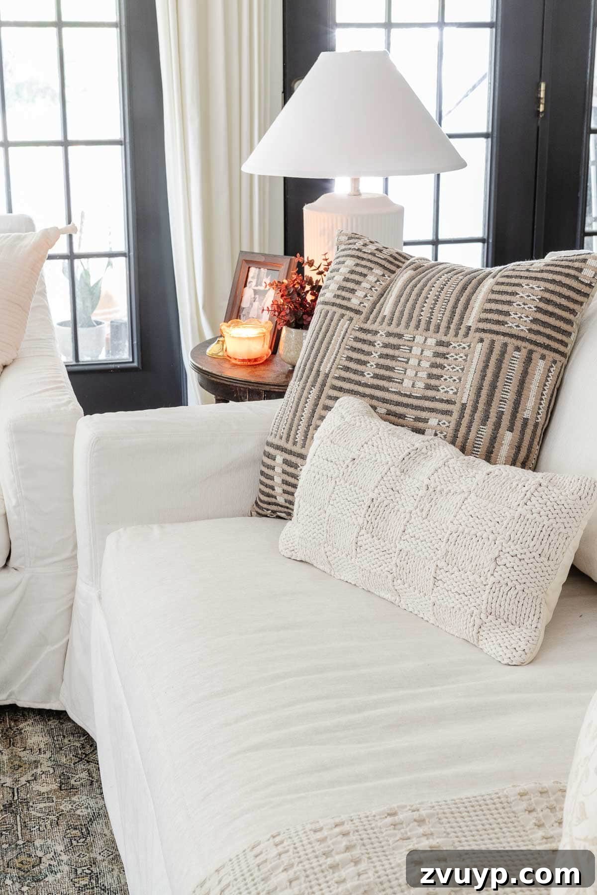 fall pillows on a living room sofa