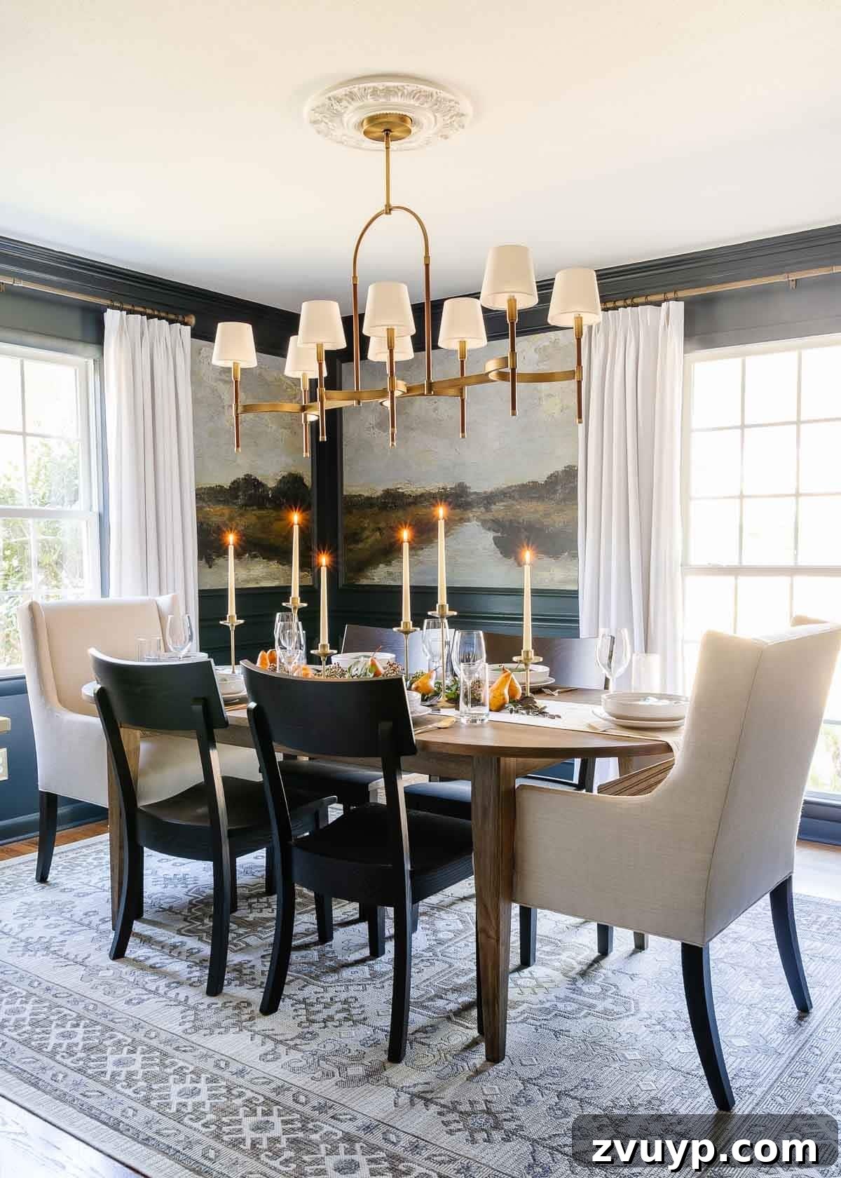 navy dining room with antique scenic murals
