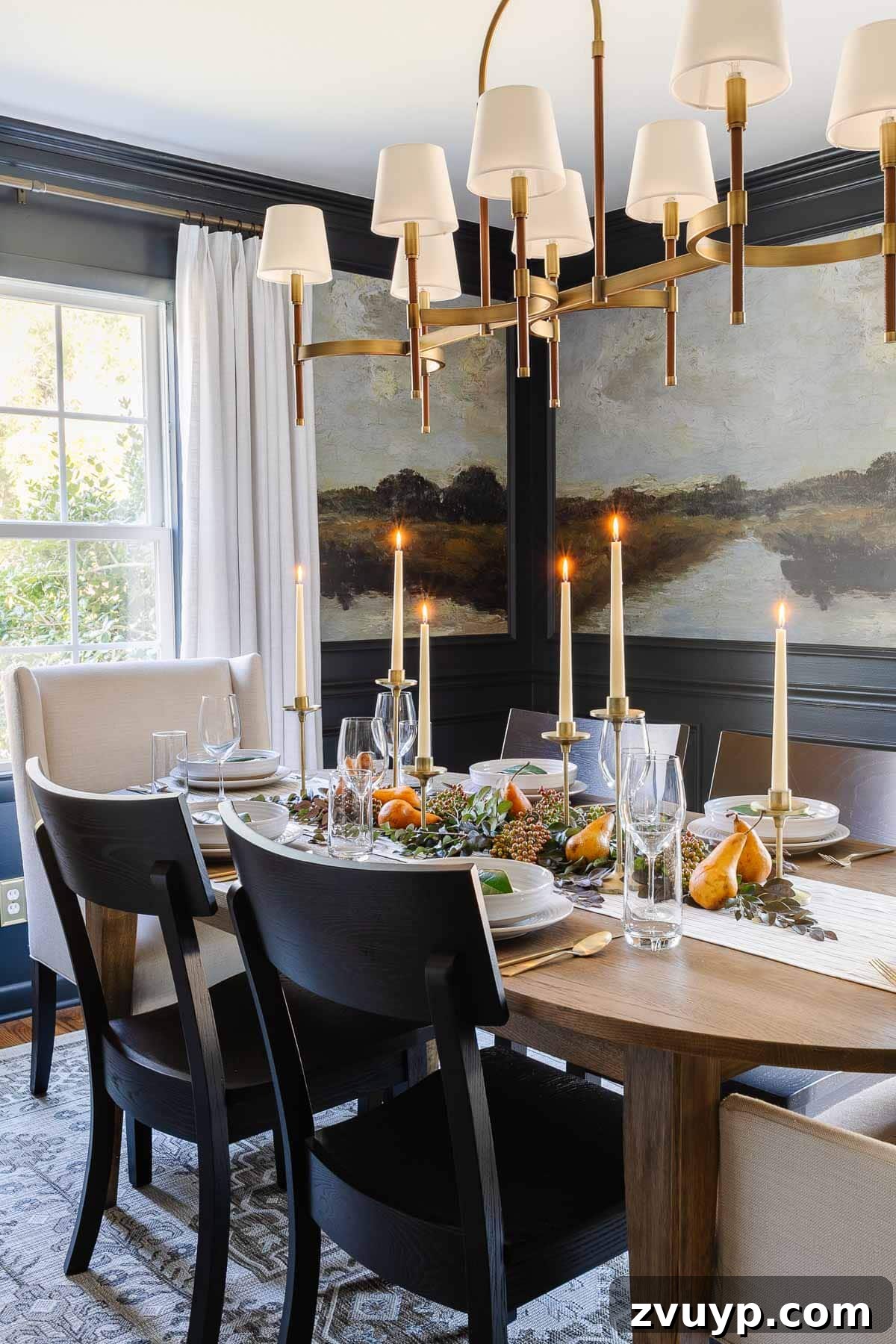 simple Thanksgiving table decor using candles, cut stems from the yard, and pears from the grocery store