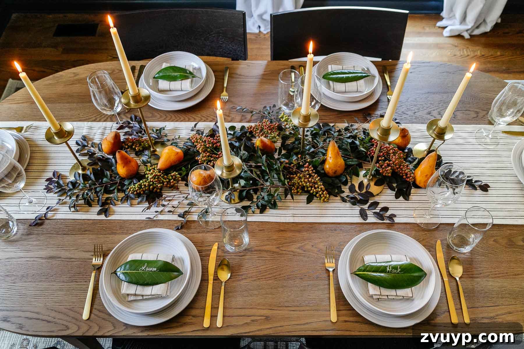 simple Thanksgiving centerpiece idea : candles, stems from the backyard, and pears