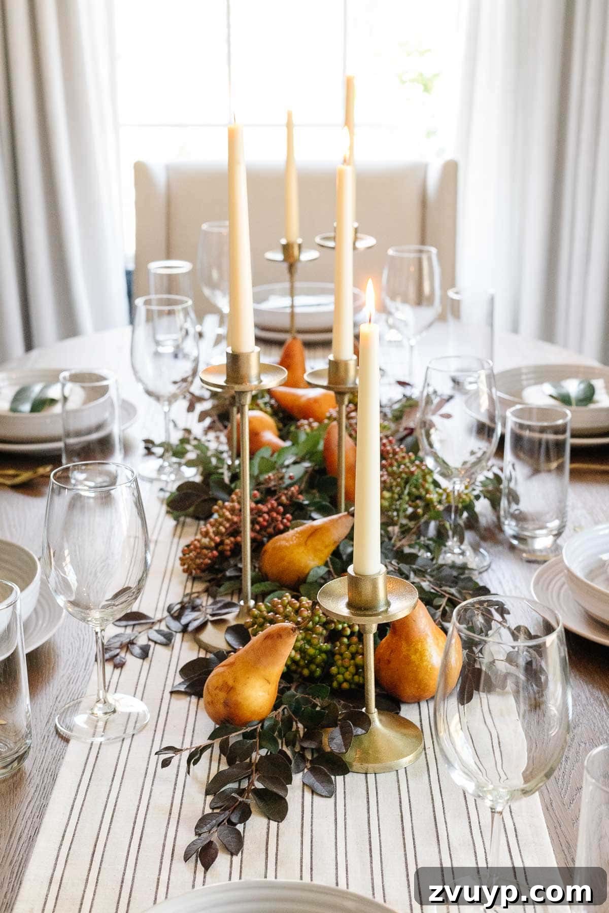 Thanksgiving centerpiece - fresh cut leaves, pears, and candles