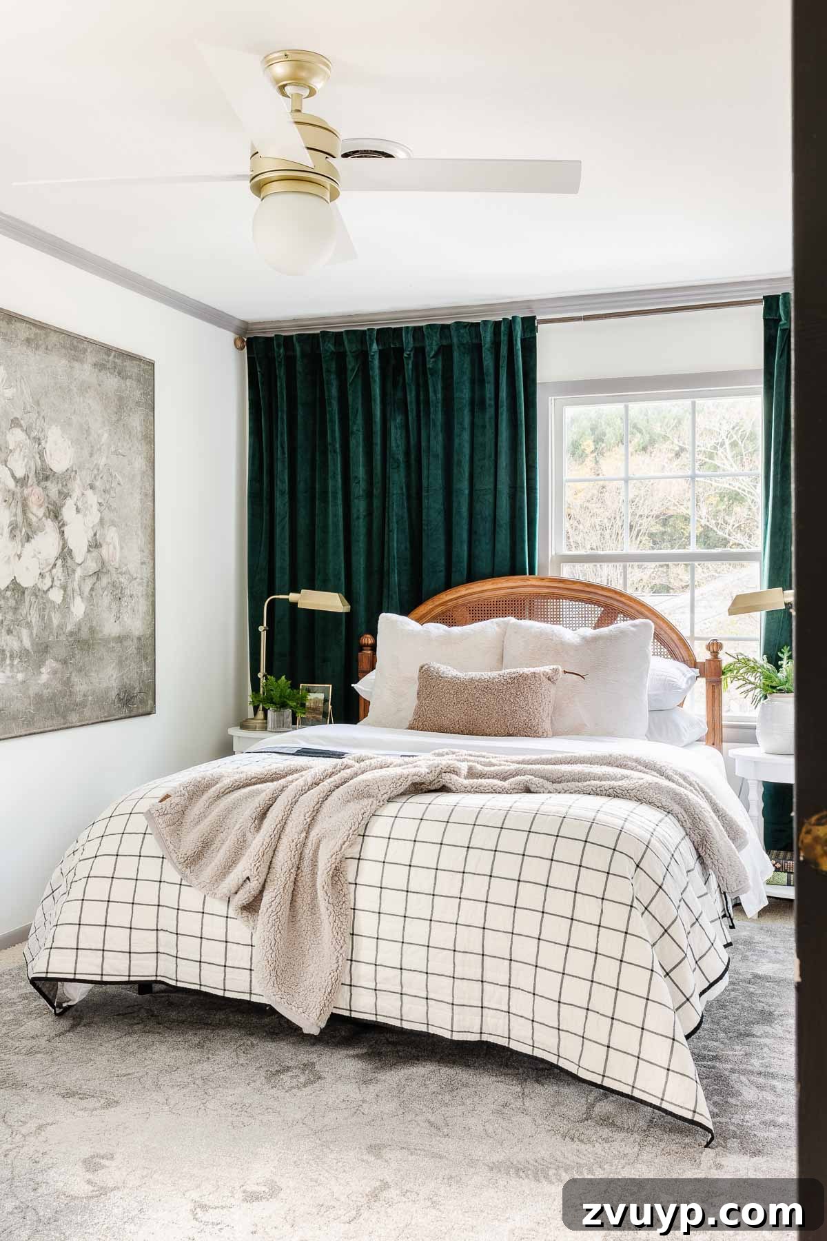 Dreaming of a Budget Christmas: Festive Bedding for Peaceful Nights 2 Neutral winter bedding with green curtains, creating a serene and cozy Christmas bedroom atmosphere.