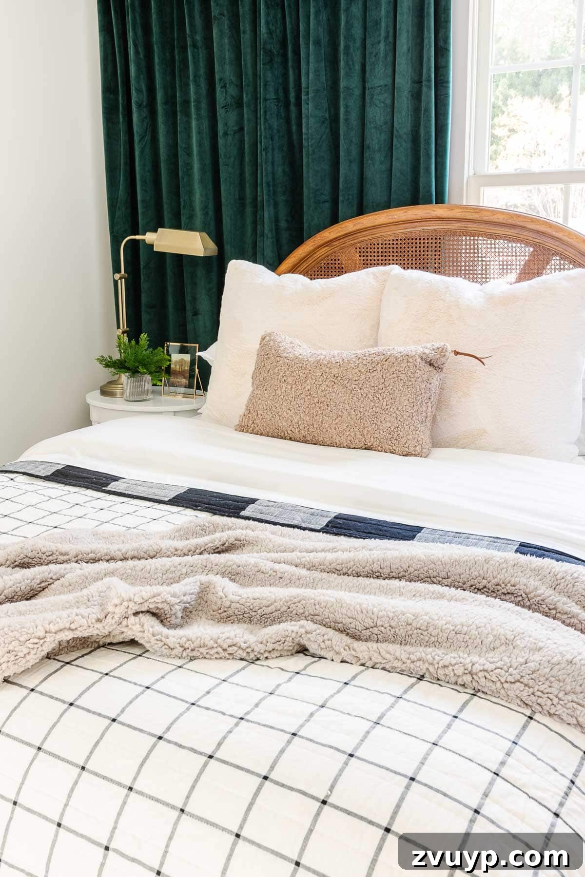 Dreaming of a Budget Christmas: Festive Bedding for Peaceful Nights 11 Cozy Christmas bedding with windowpane quilt and sherpa pillows, exemplifying a refined neutral holiday aesthetic.