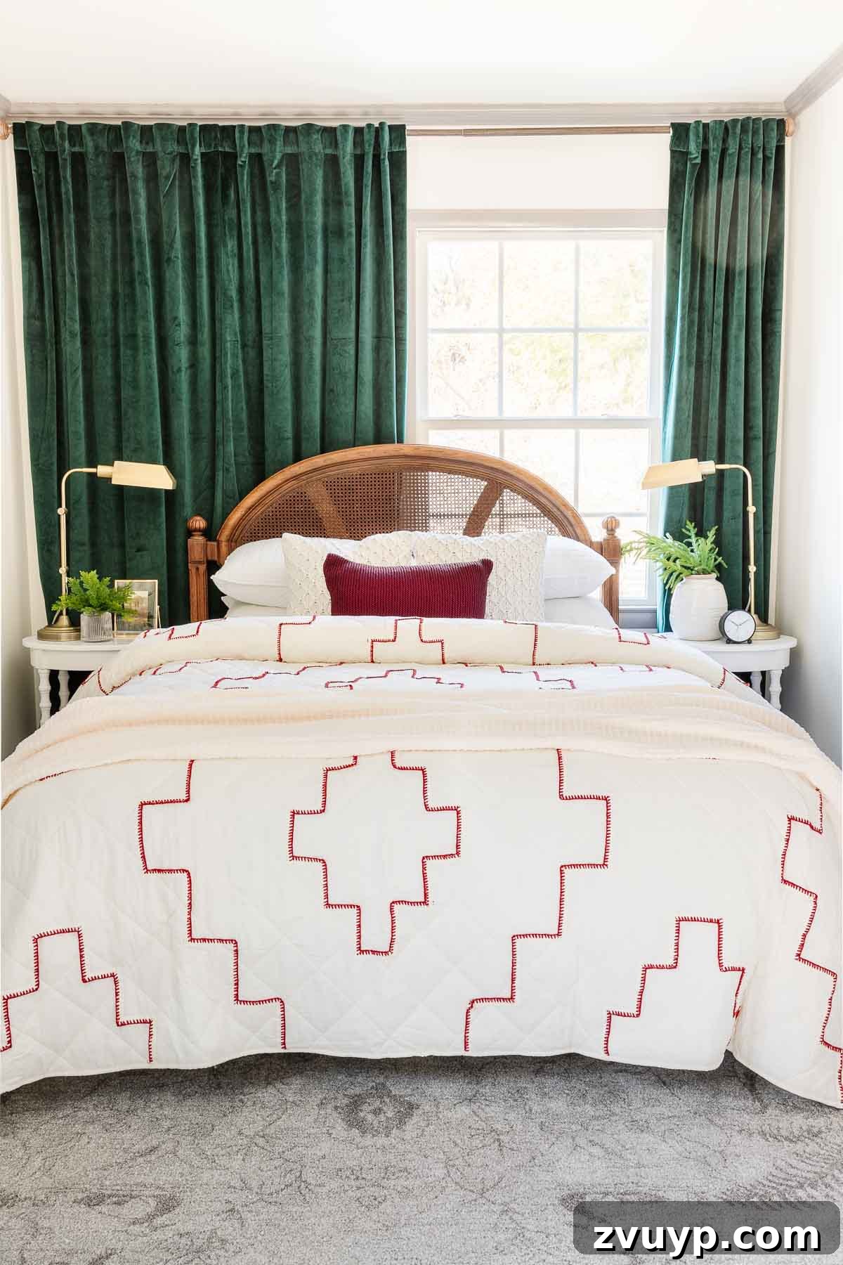 Dreaming of a Budget Christmas: Festive Bedding for Peaceful Nights 6 Red and white stitched quilt with sweater knit pillows and green curtains, creating a nostalgic Christmas bedroom.