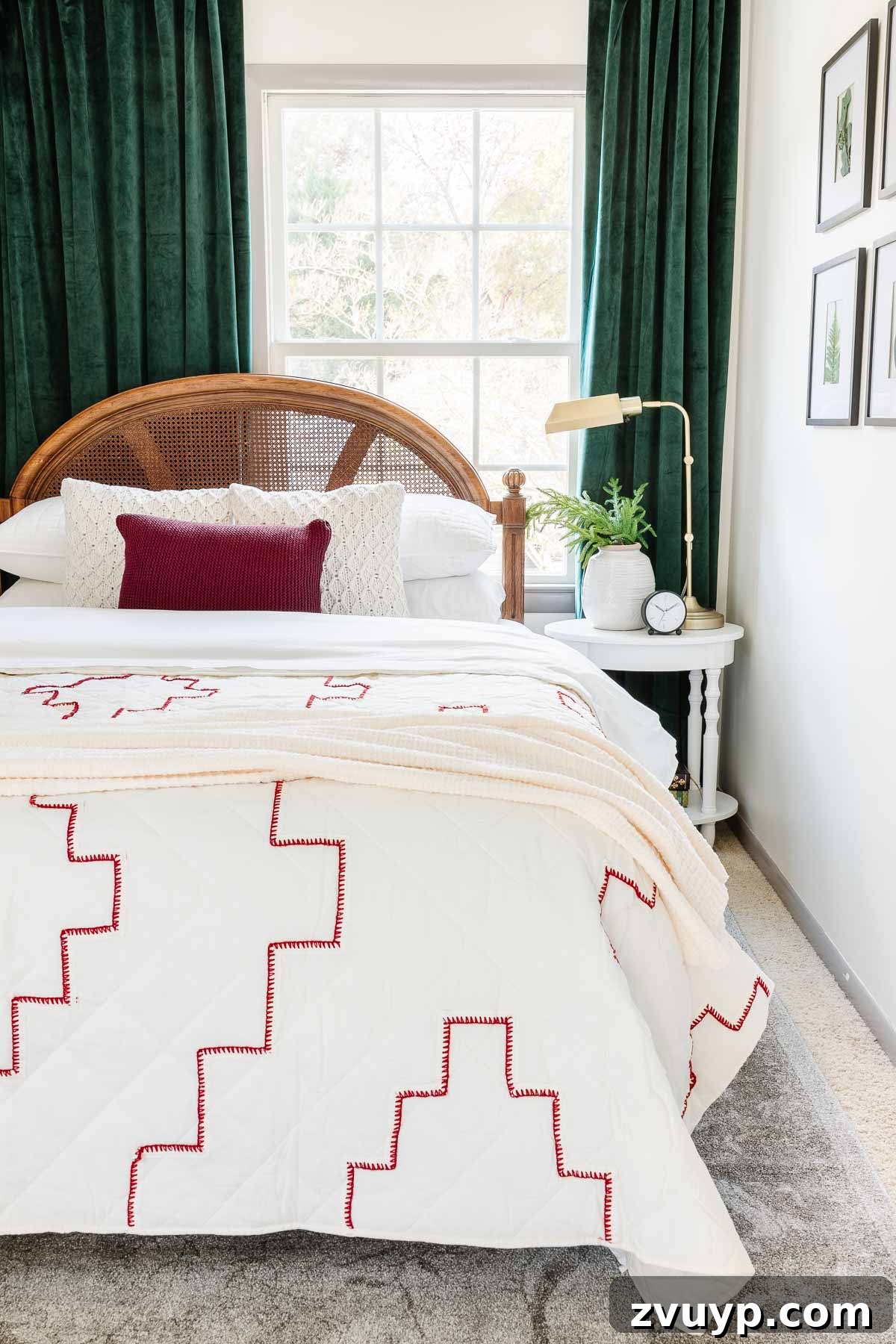 Dreaming of a Budget Christmas: Festive Bedding for Peaceful Nights 7 Detailed shot of red and white stitched quilt with sweater knit pillows, enhancing the nostalgic Christmas theme.