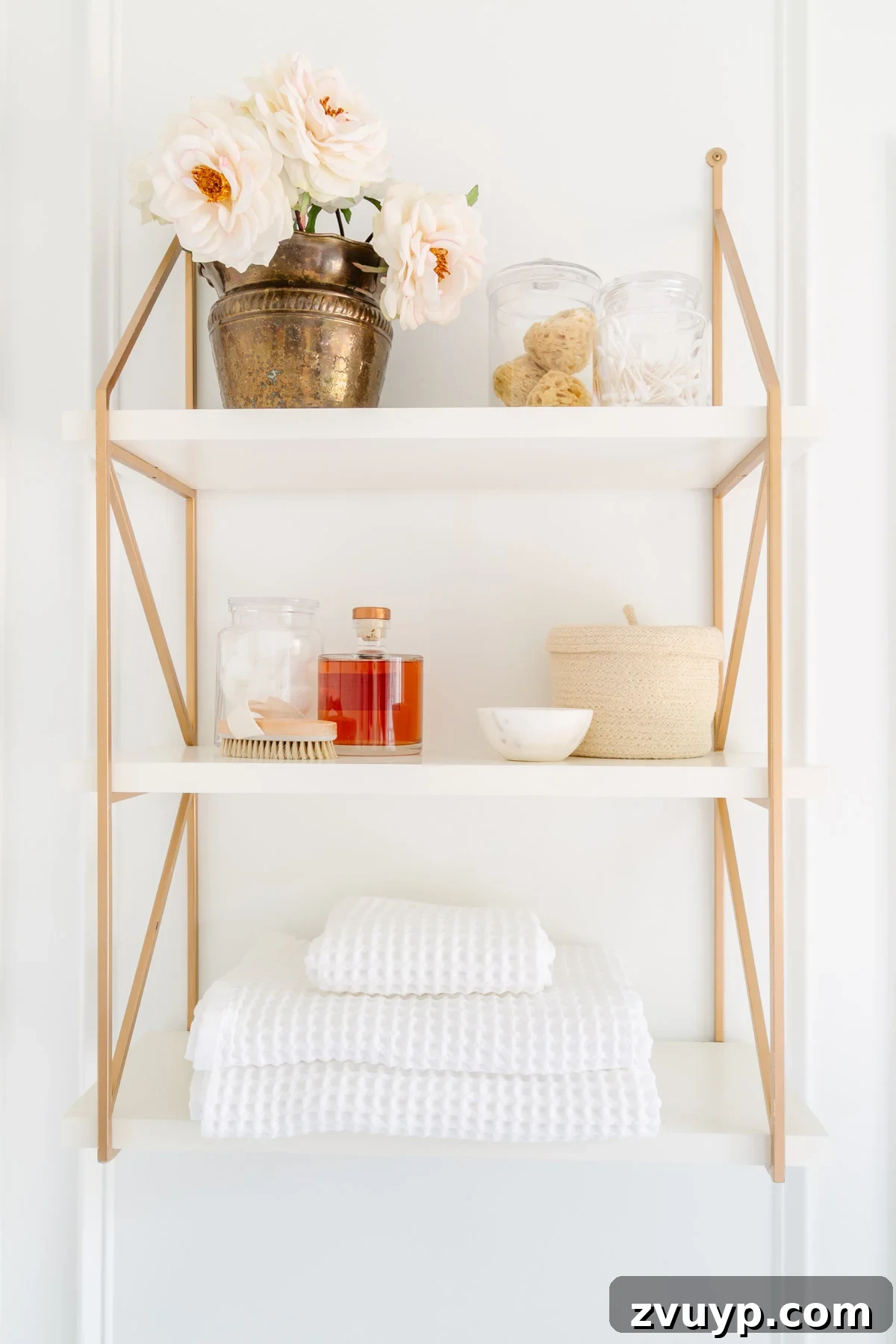 The Perfect Blend: Modern Vintage En Suite Bathroom Tour 28 Bathroom open shelves styled with decor and functional storage solutions, including towels, apothecary jars, and faux flowers