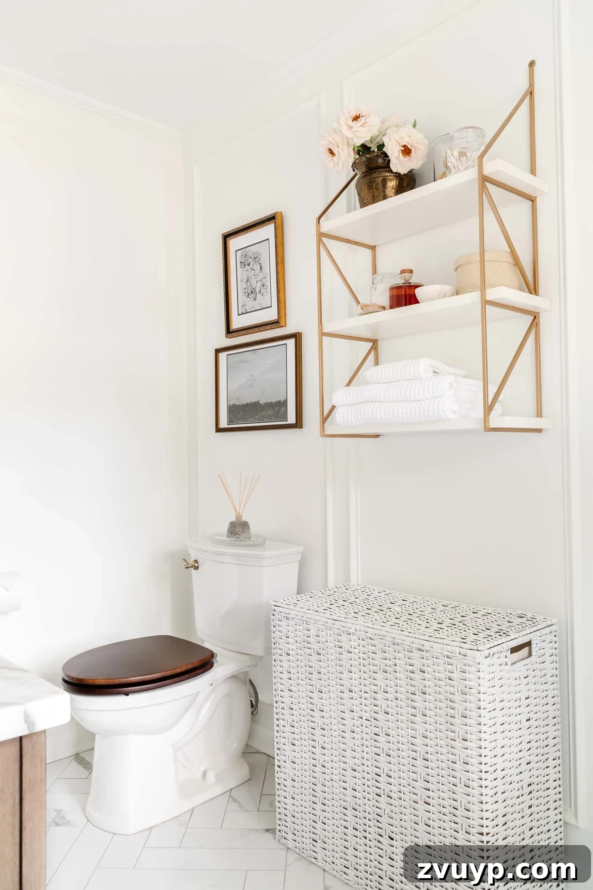 The Perfect Blend: Modern Vintage En Suite Bathroom Tour 31 En suite modern vintage bathroom featuring open shelves and a discreet double hamper for laundry organization, maintaining a clean aesthetic