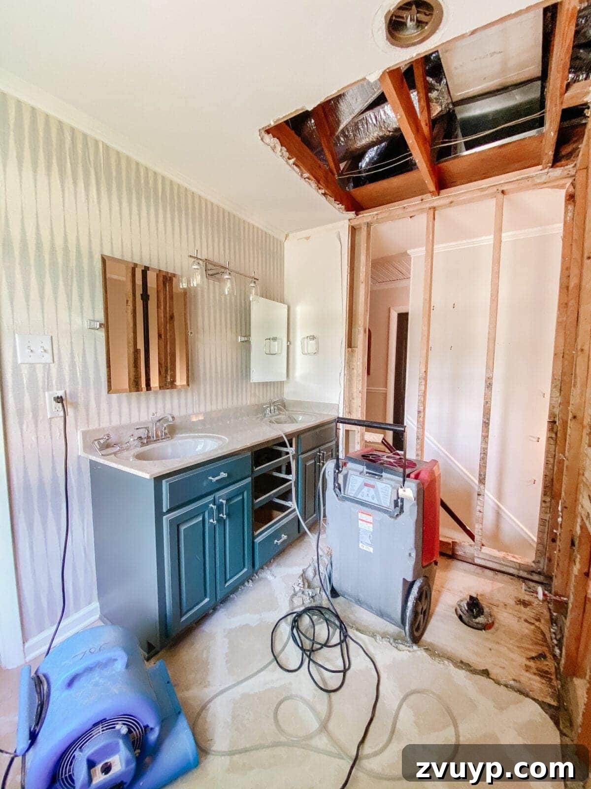 The Perfect Blend: Modern Vintage En Suite Bathroom Tour 5 Evidence of water damage in the bathroom, particularly near the vanity and floor, necessitating an early renovation