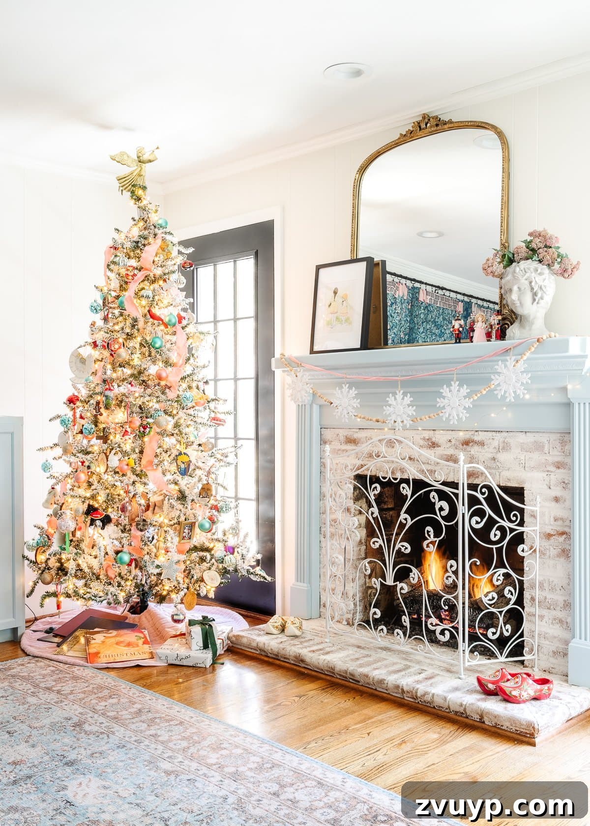 2021 Holiday Home Tour Classic Christmas Decor 20 blue and pink Christmas decor with family ornaments