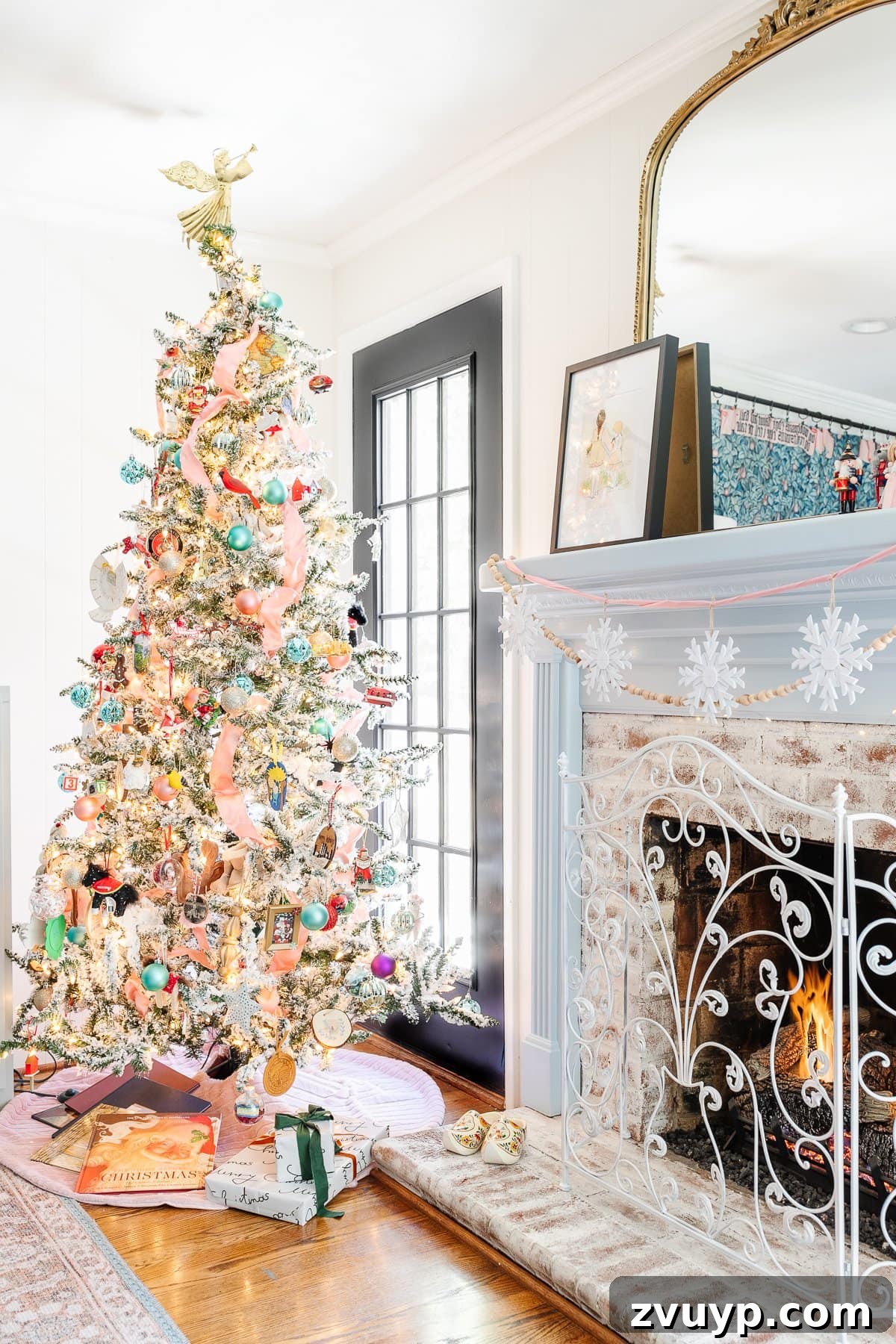 2021 Holiday Home Tour Classic Christmas Decor 22 blue and pink Christmas decor in a playroom