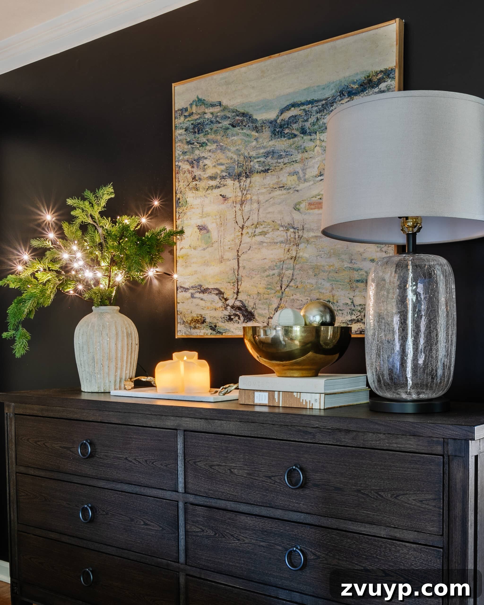 Simple Festive Touches for a Winter Cozy Bedroom 20 twinkle light branches on bedroom dresser