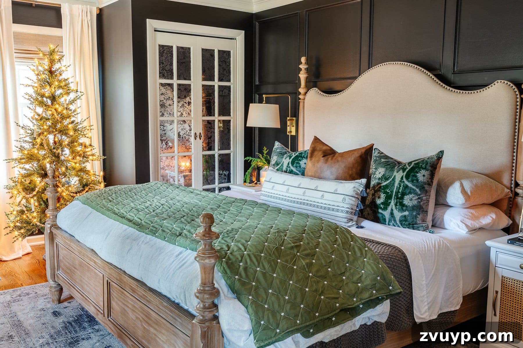 Simple Festive Touches for a Winter Cozy Bedroom 3 Christmas bedroom decor adding a Christmas tree and green bedding
