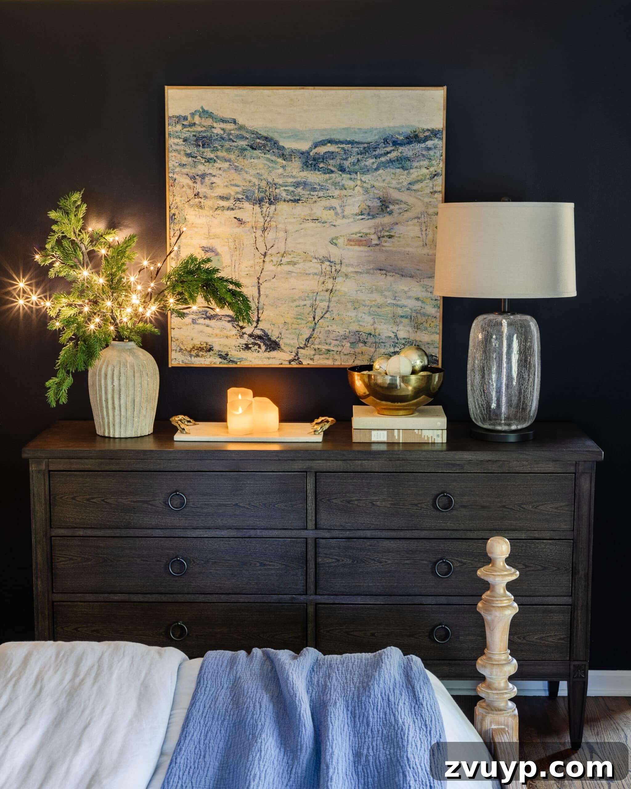 Simple Festive Touches for a Winter Cozy Bedroom 21 bedroom dresser Christmas decor with vase of pine branches, candles, and bowl of ornaments