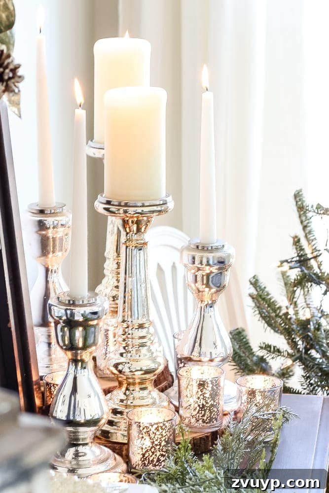 Simple Festive Touches for a Winter Cozy Bedroom 26 mercury glass candlesticks on a dresser