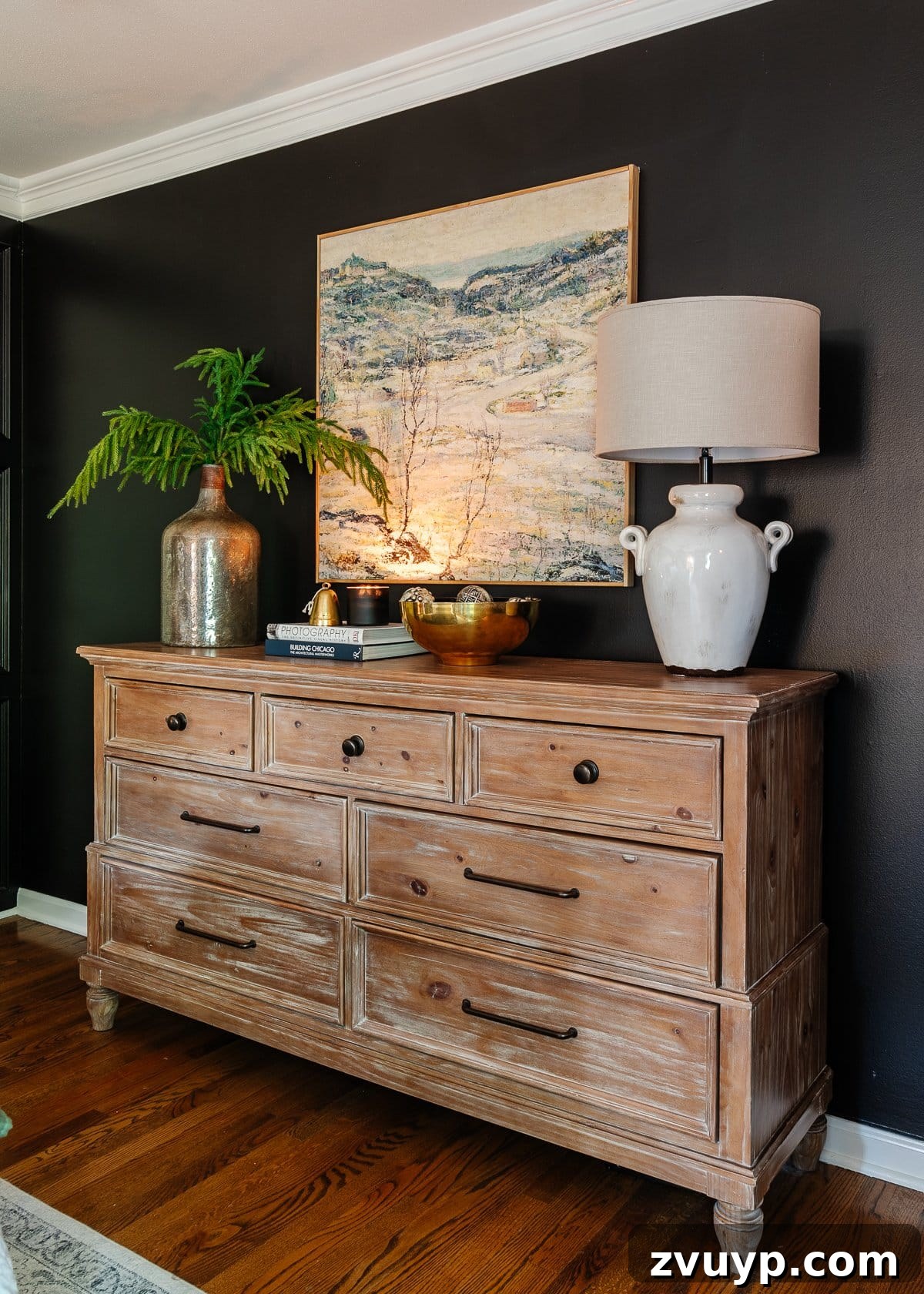 Simple Festive Touches for a Winter Cozy Bedroom 6 winter art on top of a Christmas decorated dresser