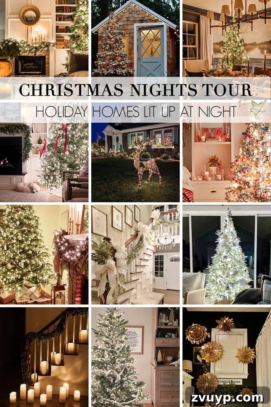 Enchanted Glow Tour 2 A beautiful collage showcasing 12 home bloggers' Christmas candlelight house tours, featuring various rooms illuminated by festive lights and candles at night, perfect for holiday decorating inspiration.