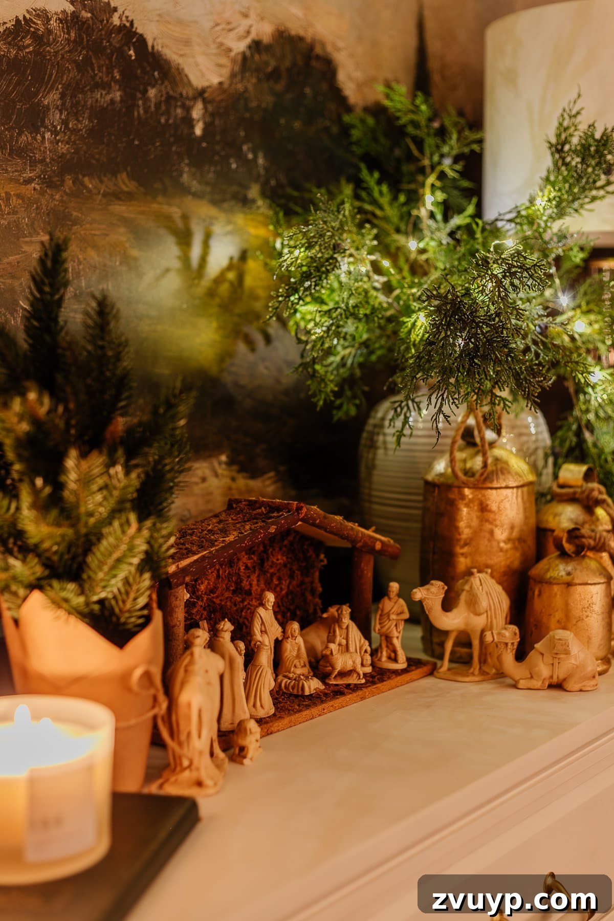 Enchanted Glow Tour 14 A serene Christmas nativity scene illuminated at night, bathed in soft candlelight, symbolizing peace and the true meaning of the holiday season.