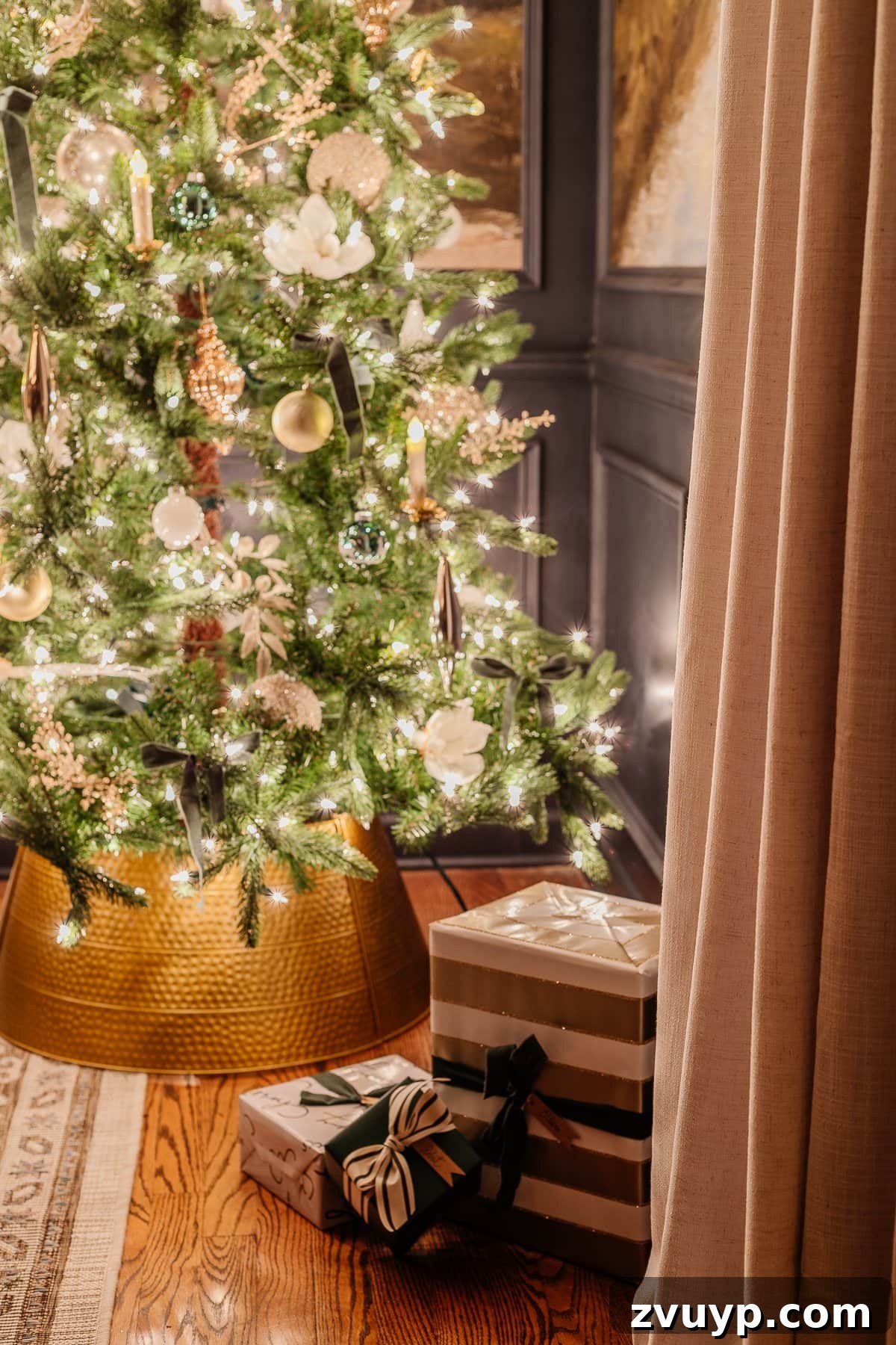 Enchanted Glow Tour 15 A beautifully decorated Christmas tree in the dining room, twinkling softly at night, creating a magical focal point for holiday celebrations and family gatherings.