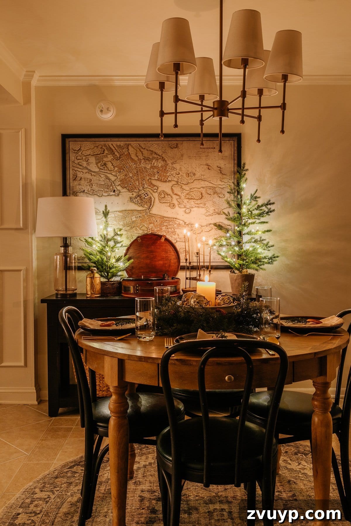 Enchanted Glow Tour 24 A charming Christmas breakfast nook at night, illuminated by soft lighting and festive decorations, offering a cozy spot for holiday mornings or intimate meals.
