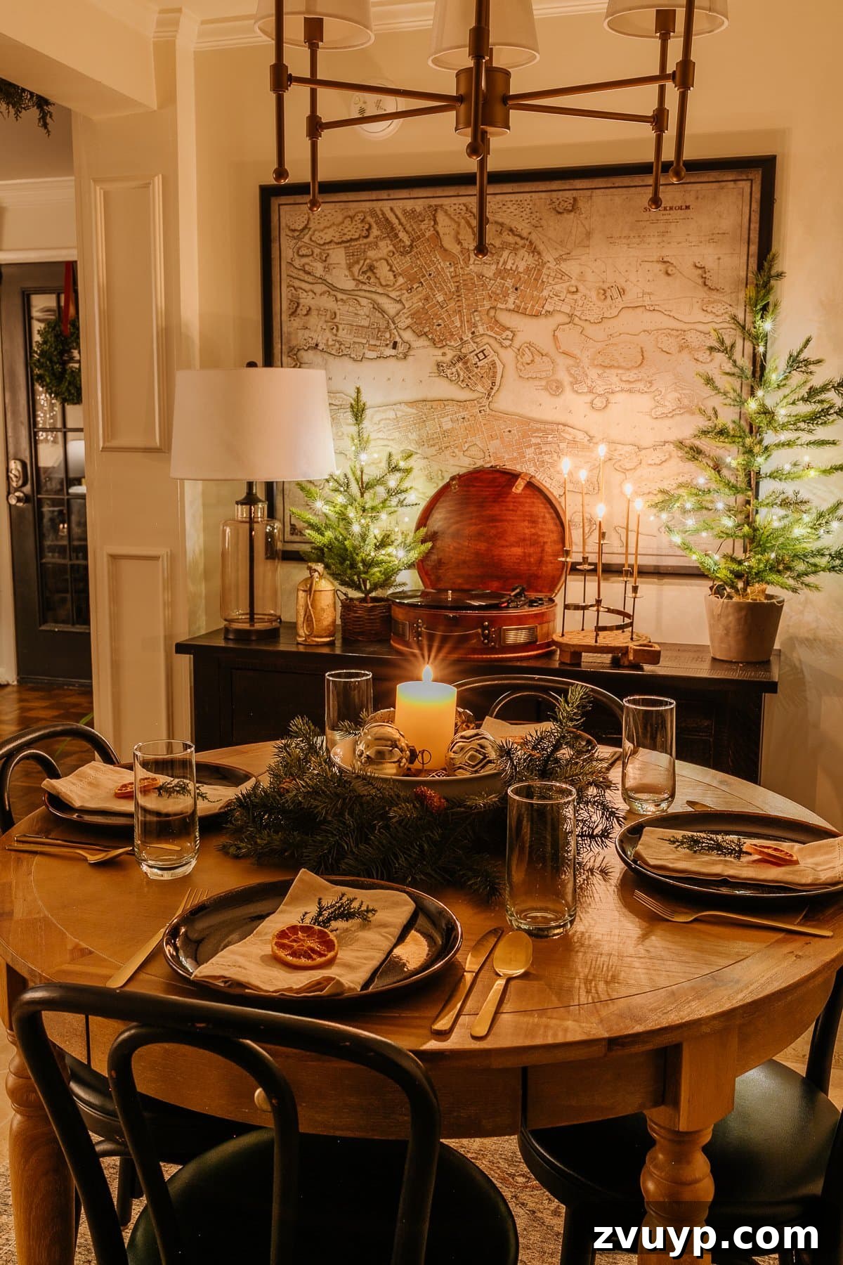 Enchanted Glow Tour 27 Detailed view of Christmas breakfast nook table settings, adorned with festive decor and ready for a special holiday meal, creating an inviting and warm scene.