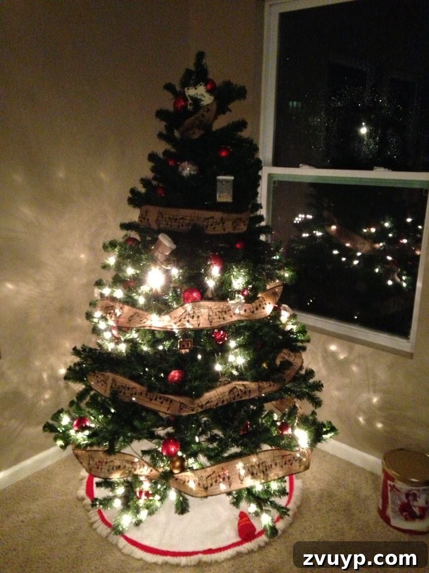 Enchanted Glow Tour 28 A nostalgic photo of a simple, cherished first Christmas tree, adorned with humble lights and thrifted ornaments, symbolizing the true meaning of the holidays beyond material perfection.