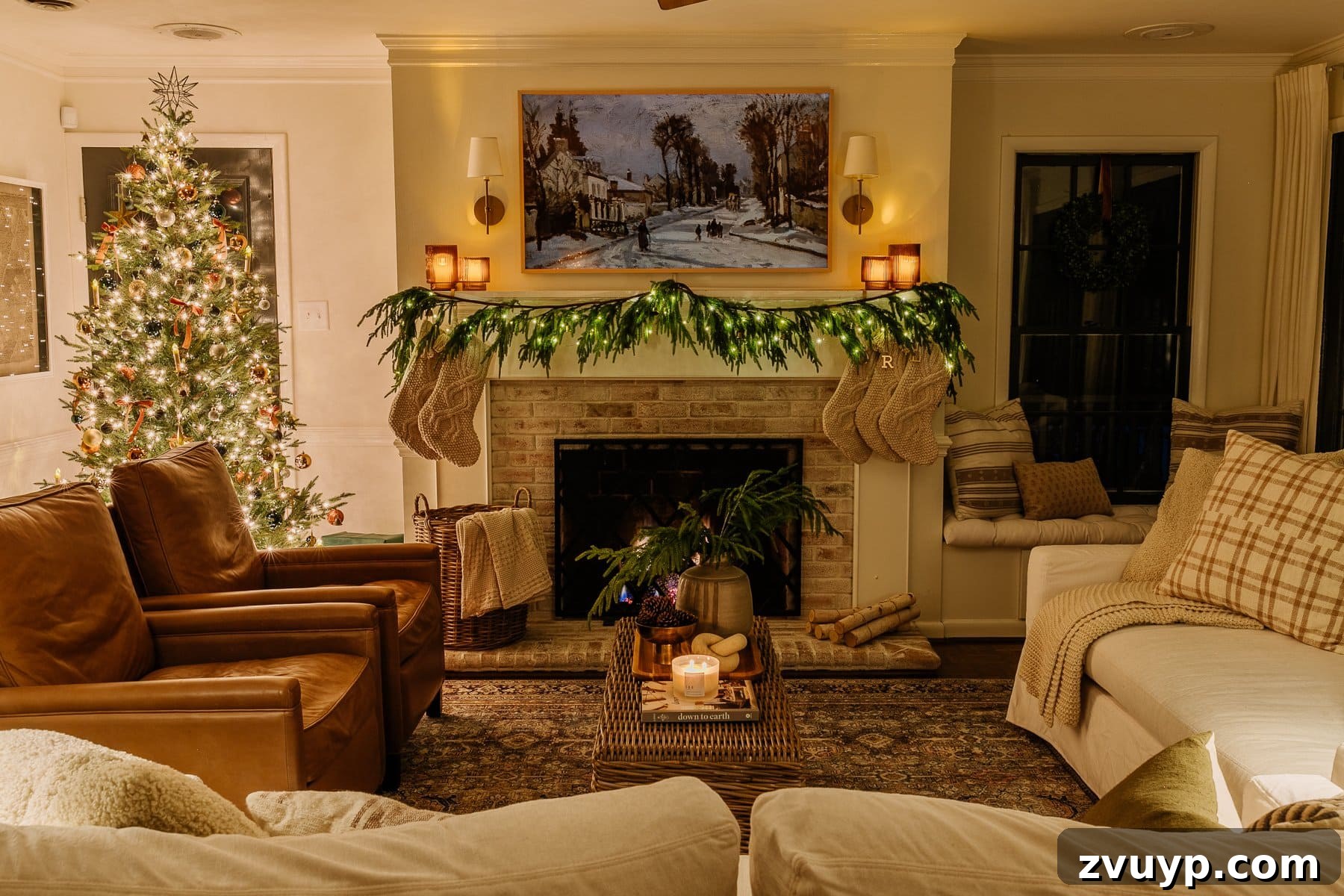 Enchanted Glow Tour 29 A warm and inviting Christmas living room at night, softly lit by the glow of a tree and candles, creating a serene and festive atmosphere for holiday relaxation.