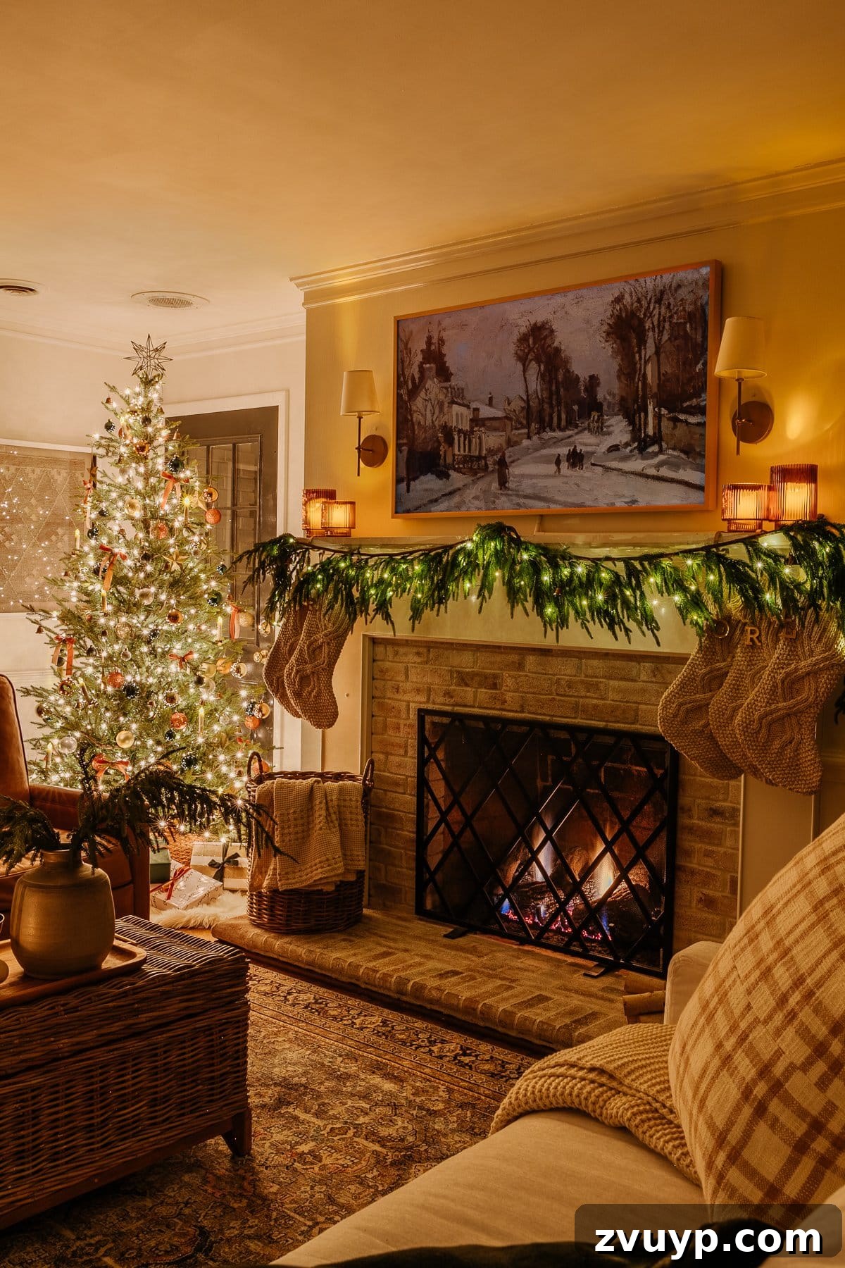 Enchanted Glow Tour 32 A serene nighttime Christmas living room, adorned with festive decor and soft ambient lighting, creating a perfect cozy setting for holiday gatherings and relaxation.