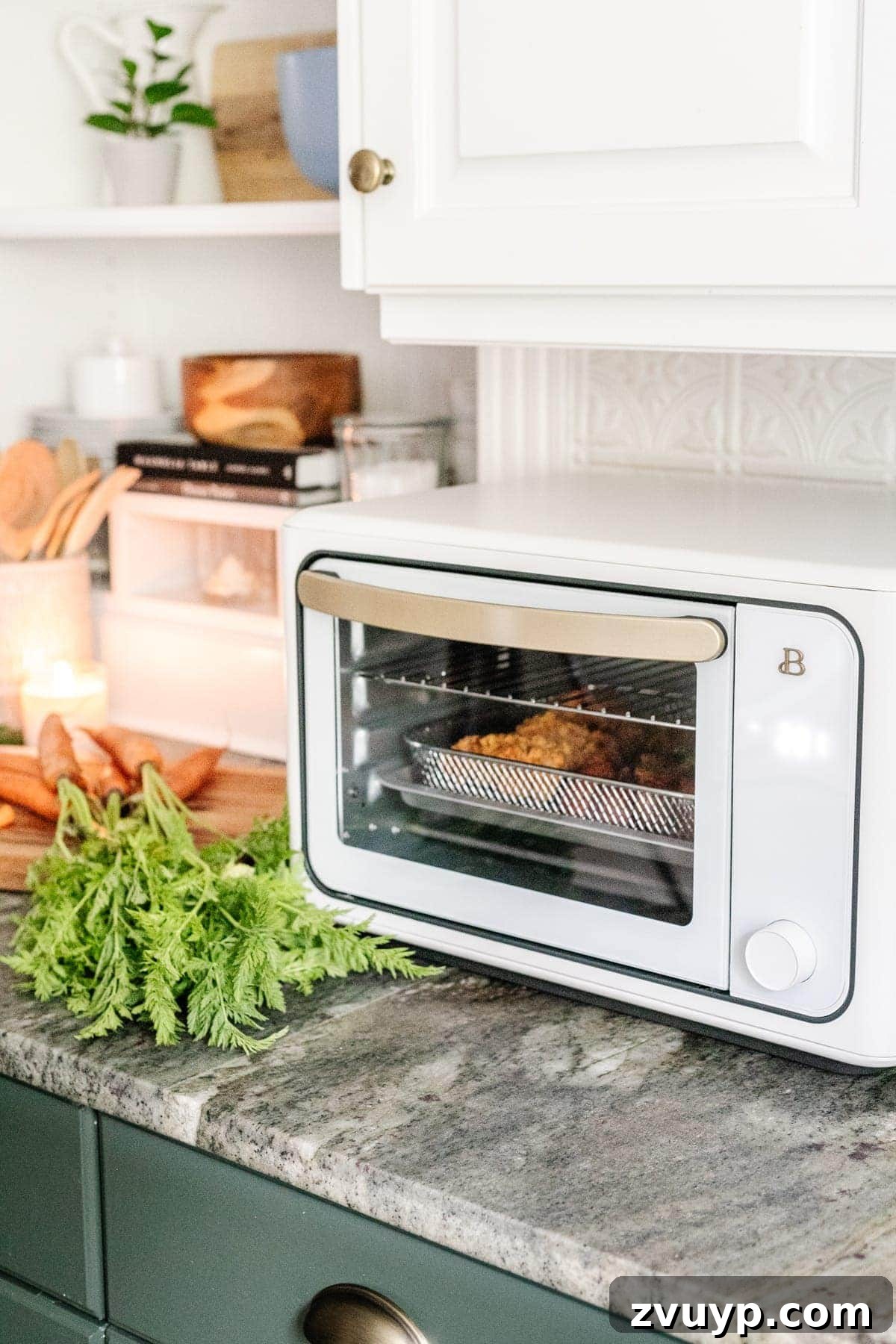 Your 2021 Product Champions 15 Modern air fryer toaster oven on a kitchen counter, ready for cooking healthy and crispy meals, a multi-functional kitchen appliance.
