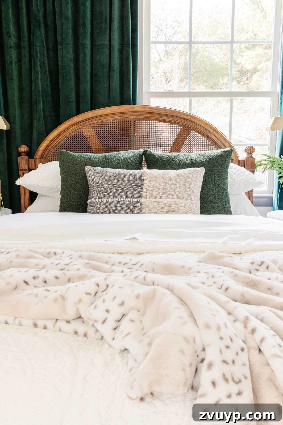 Your 2021 Product Champions 6 Plush faux fur blanket draped over a bed with Christmas bedding, adding warmth and texture to a cozy bedroom setting.
