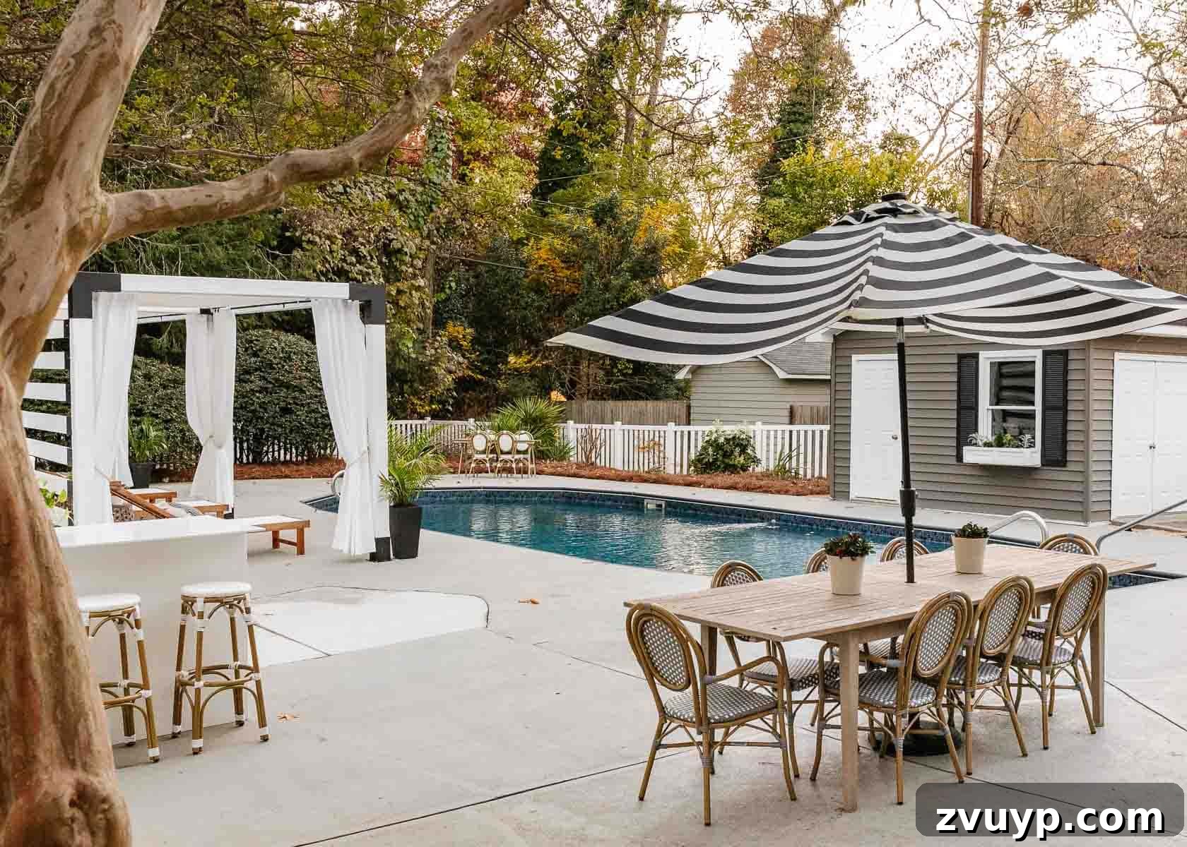 Shaping Our 2022 Home: Goals, Ideas, and Your Input 12 Pool area with existing concrete, showing the potential for future enhancement with stamped concrete to mimic brick pavers.