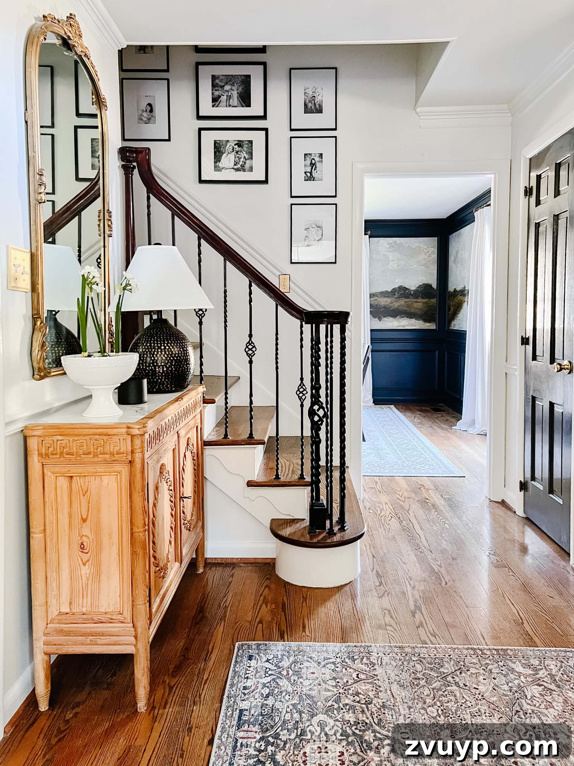 Shaping Our 2022 Home: Goals, Ideas, and Your Input 6 Current foyer and staircase with existing balusters, poised for a safety-enhancing runner and more modern baluster revamp.