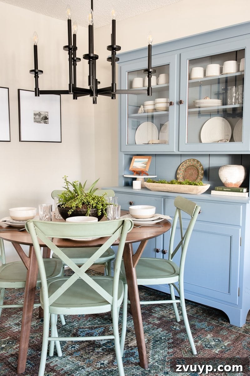 7 Instant Makeovers for Your Dining Nook 5 colorful dining room nook blue china cabinet green dining chairs