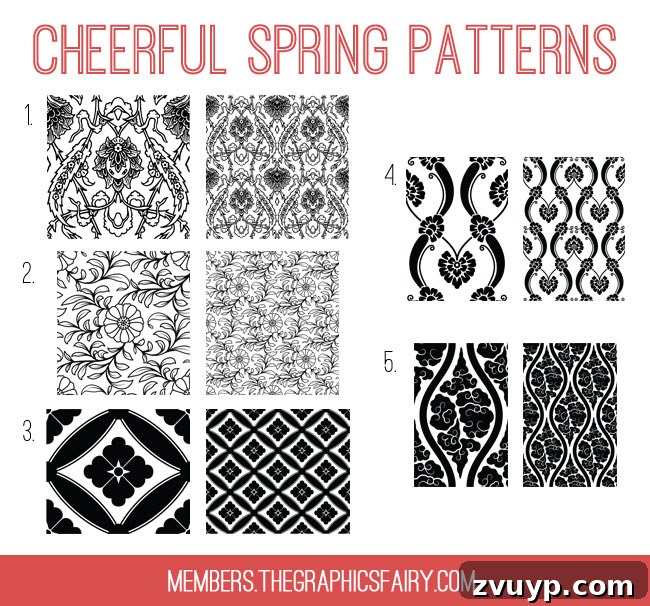 TGF Premium Delightful Spring Patterns Collection 3 Spring patterns - Detailed view of the intricate vintage-inspired patterns.