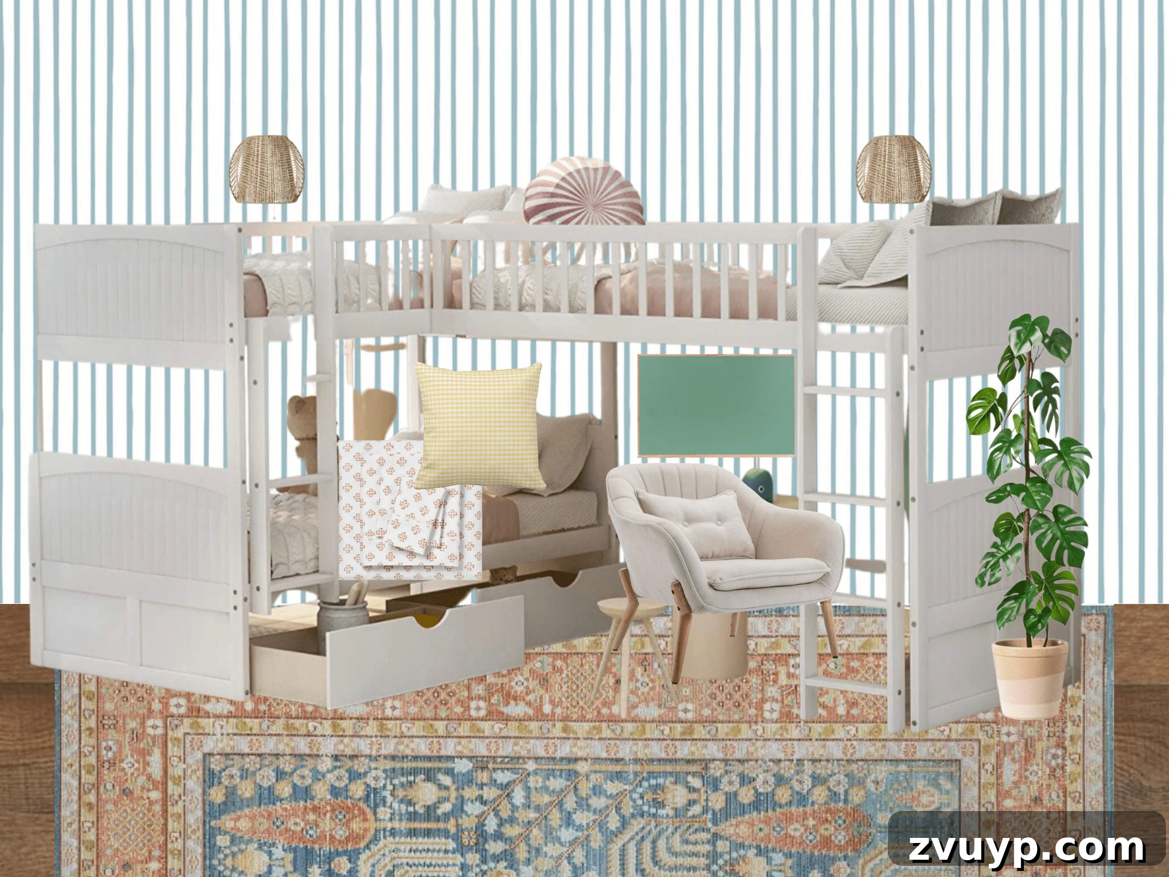 Mood Board Monday: Three Ways to Elevate Shared Teen Girl Spaces 4 Mood board for Teenage Girl Bedroom Idea 1: Preppy Eclectic, featuring stripes, coral, and classic patterns