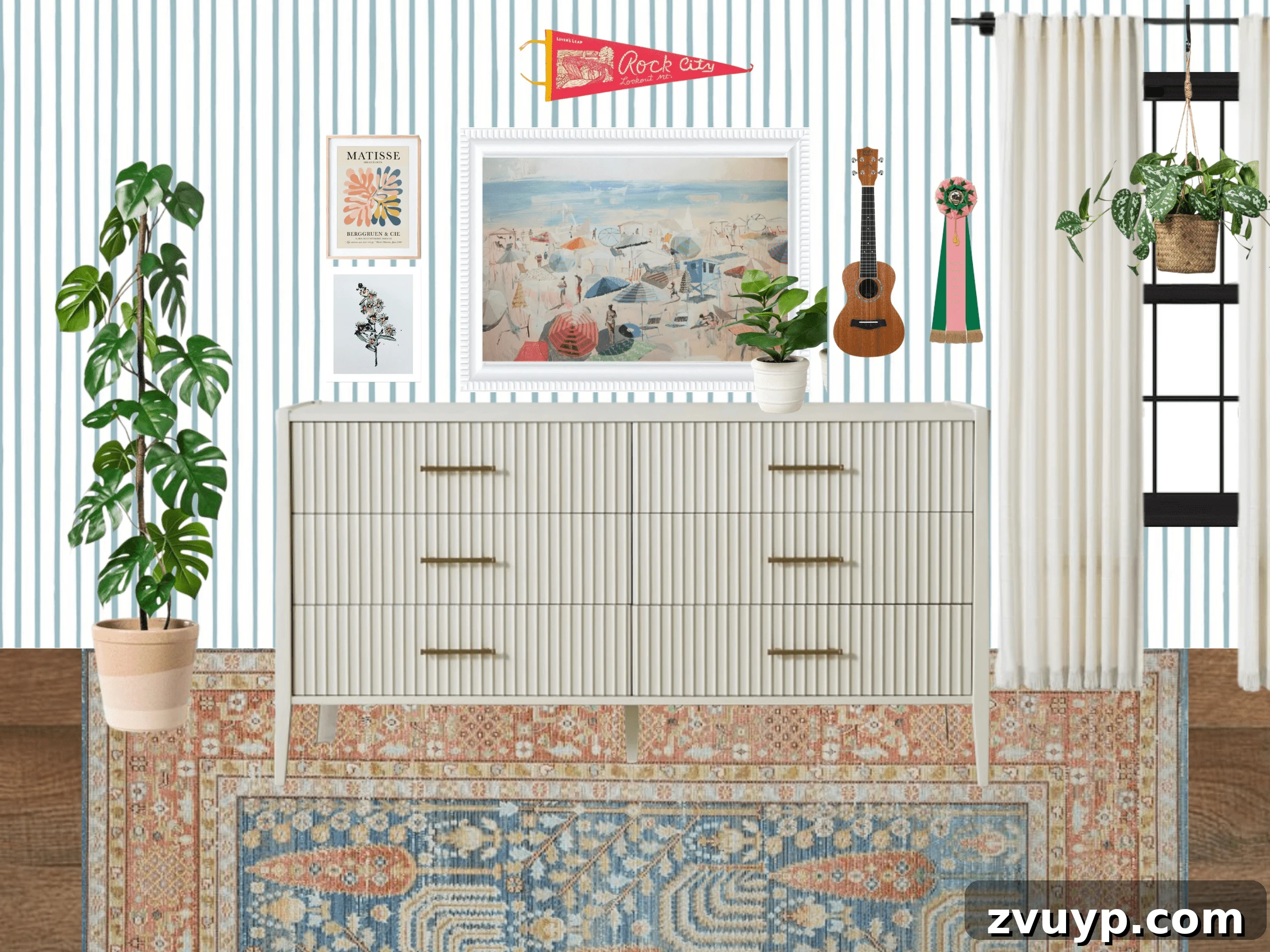 Mood Board Monday: Three Ways to Elevate Shared Teen Girl Spaces 5 Another view of the Preppy Eclectic Teenage Girl Bedroom Idea 1 mood board, showcasing furniture and art selections
