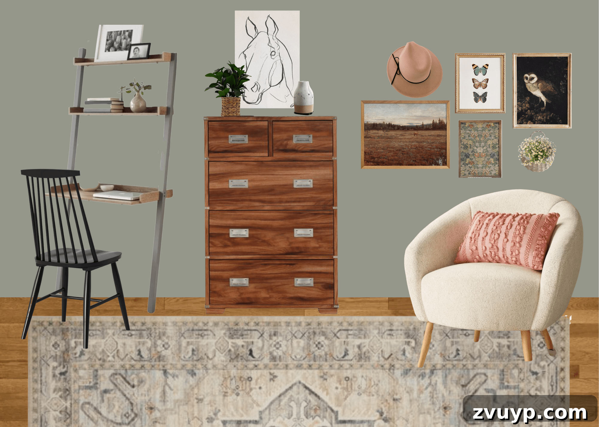 Mood Board Monday: Three Ways to Elevate Shared Teen Girl Spaces 9 Another perspective of the Japandi Cottage Teenage Girl Bedroom Idea 3 mood board, showing furniture and textile choices