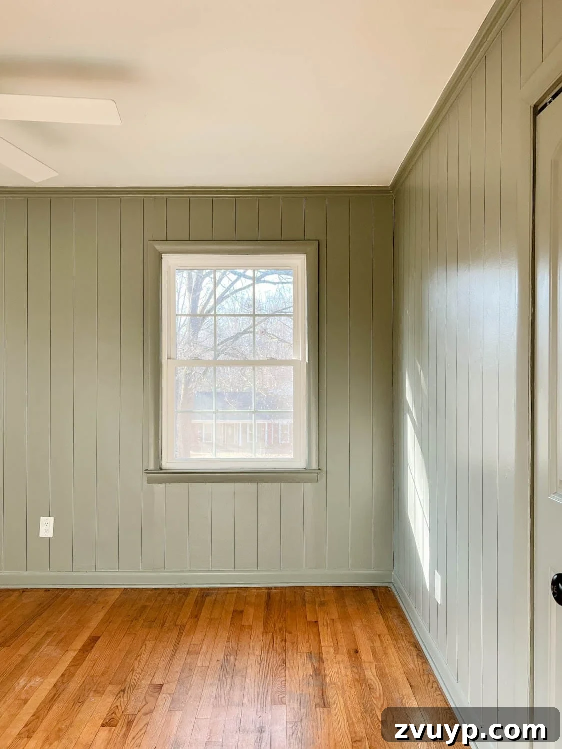 DIY Faux Wall Planks Whole Room Makeover for 20 Dollars 3 Bedroom painted Sherwin Williams Evergreen Fog with faux planked walls